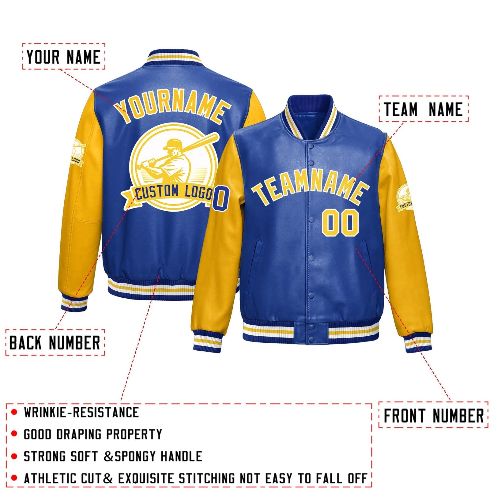 Custom Royal Blue Yellow Raglan Sleeves Full-Snap Faux Leather Letterman Jacket| KXKSHOP