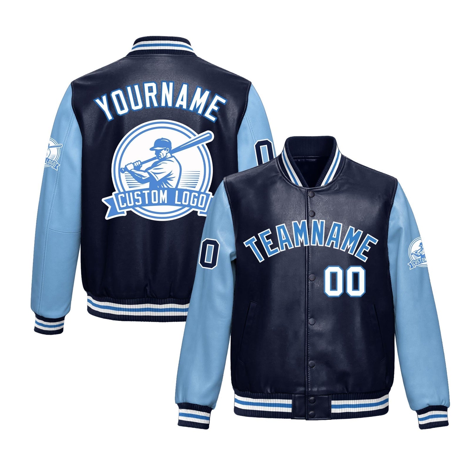 Custom Navy Powder Blue Raglan Sleeves Full-Snap Faux Leather Letterman Jacket| KXKSHOP