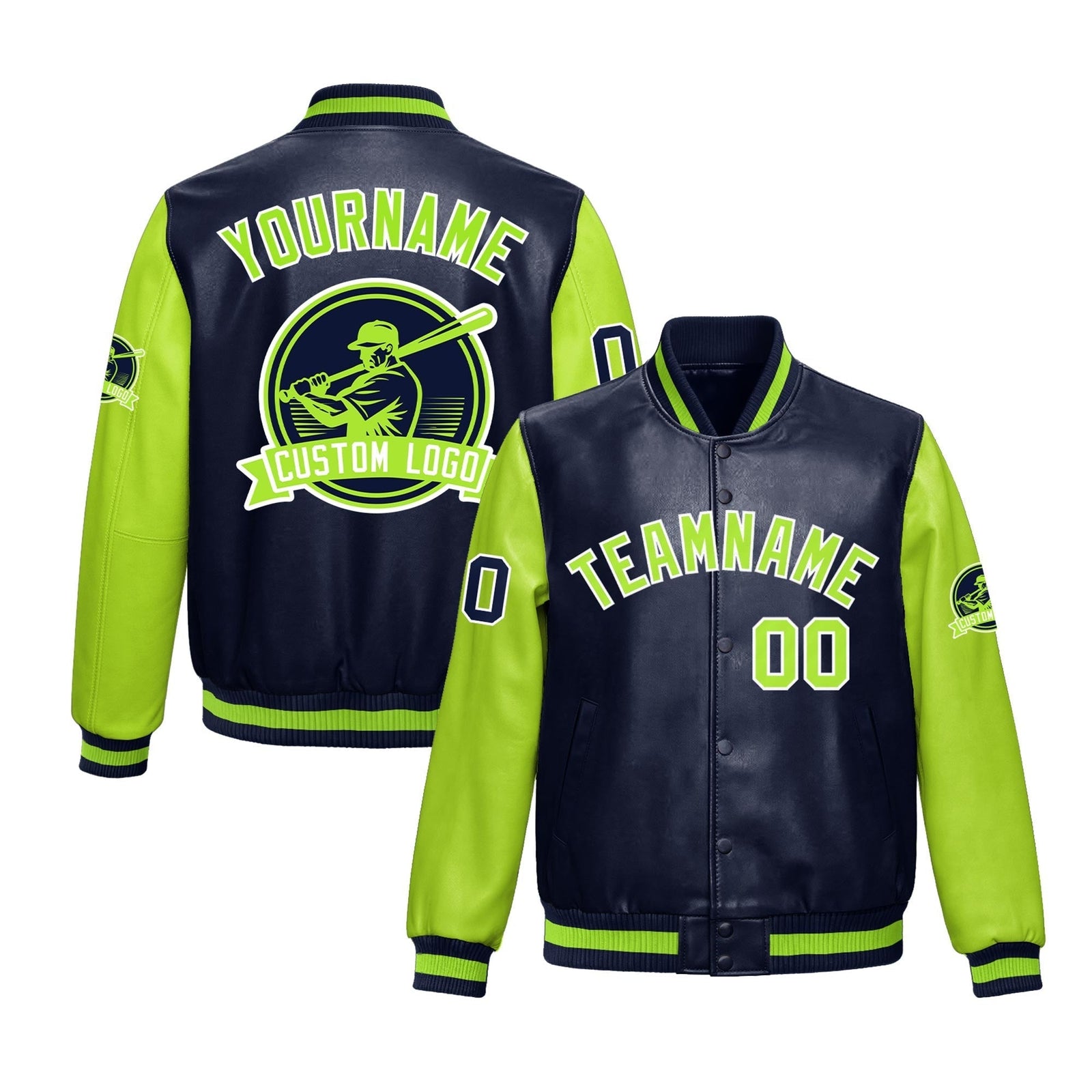 Custom Navy Neon Green Raglan Sleeves Full-Snap Faux Leather Letterman Jacket| KXKSHOP