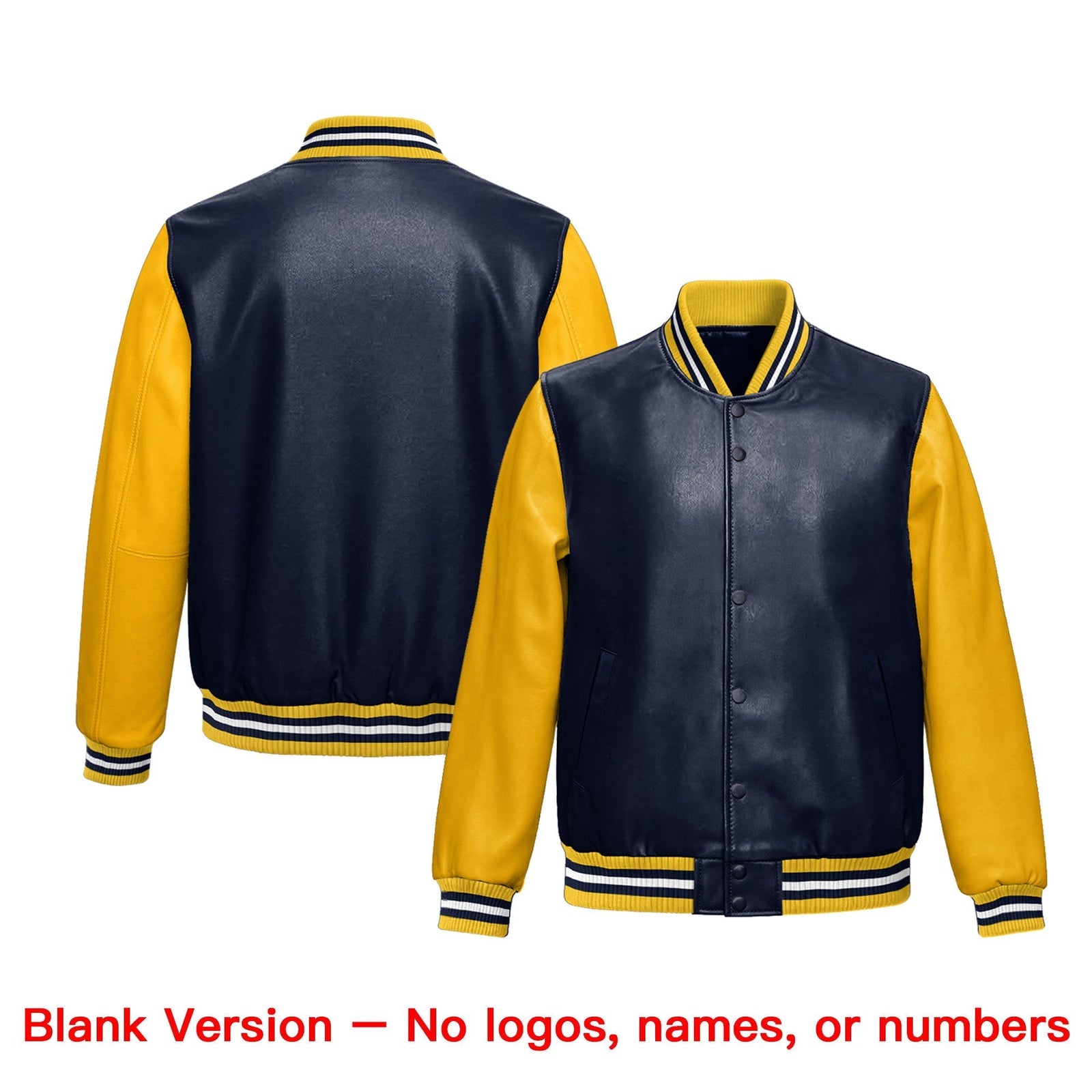 Custom Navy Yellow Raglan Sleeves Full-Snap Faux Leather Letterman Jacket| KXKSHOP