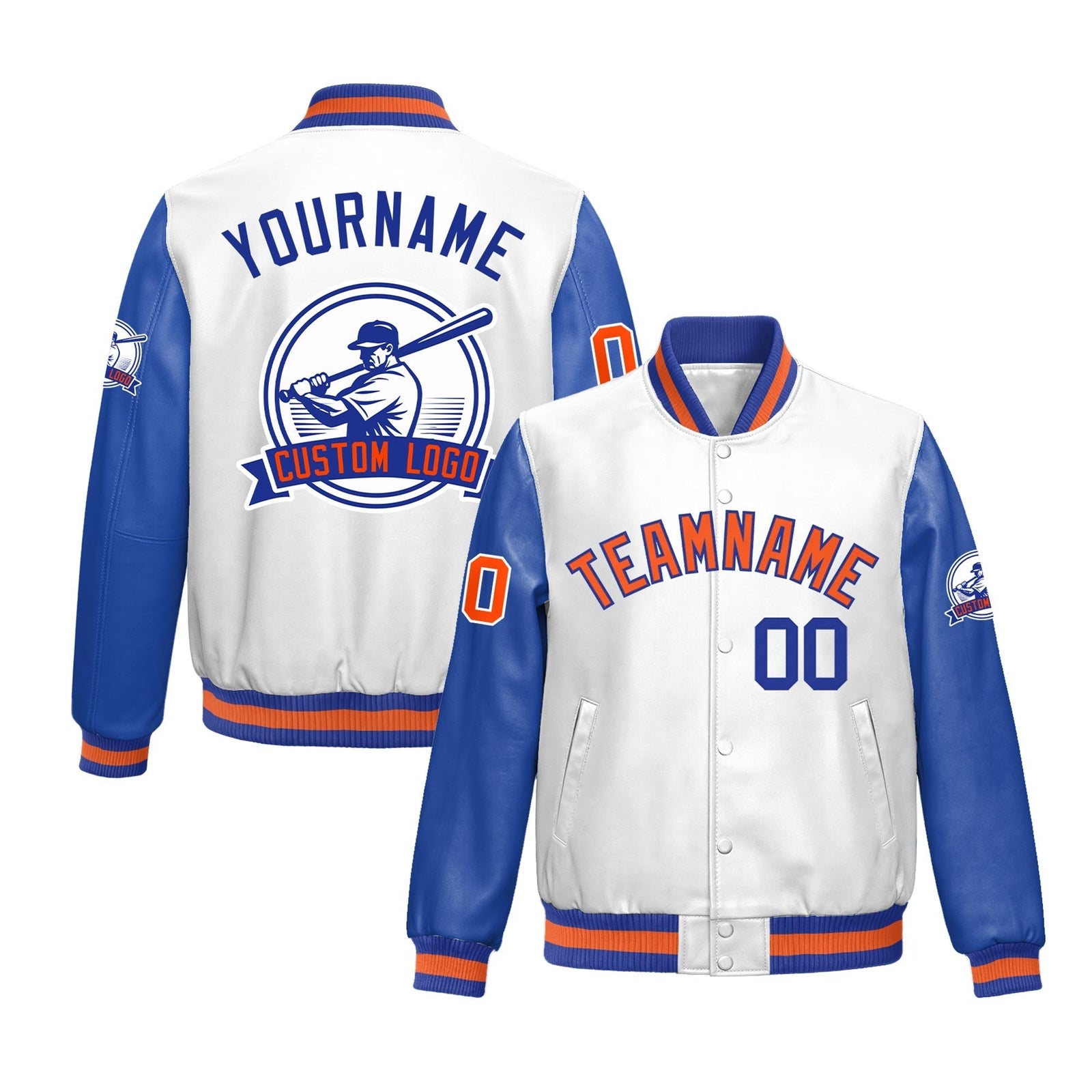 Custom Royal Blue Orange Raglan Sleeves Full-Snap Faux Leather Letterman Jacket| KXKSHOP