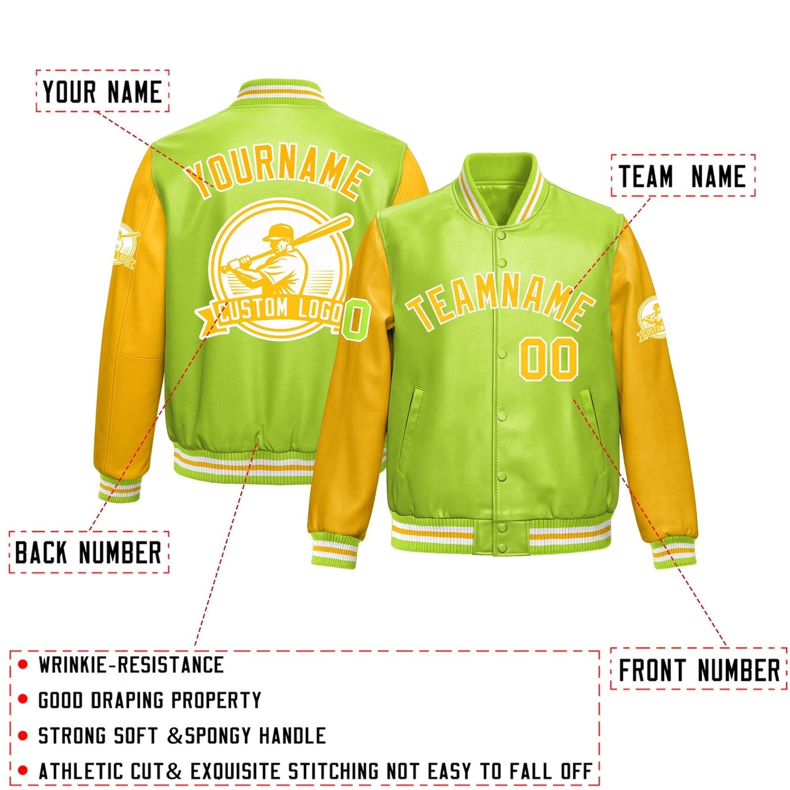 Custom Neon Green Yellow Raglan Sleeves Full-Snap Faux Leather Letterman Jacket| KXKSHOP