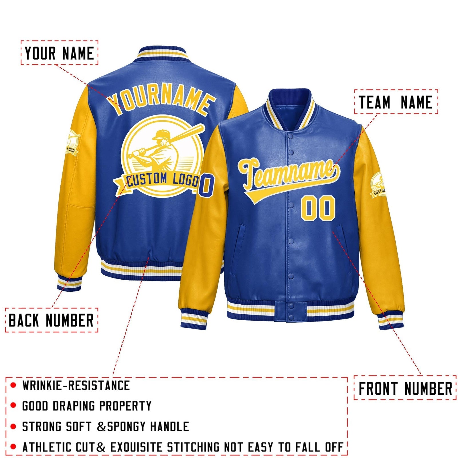 Custom Royal Blue Yellow Raglan Sleeves Full-Snap Faux Leather Letterman Jacket| KXKSHOP