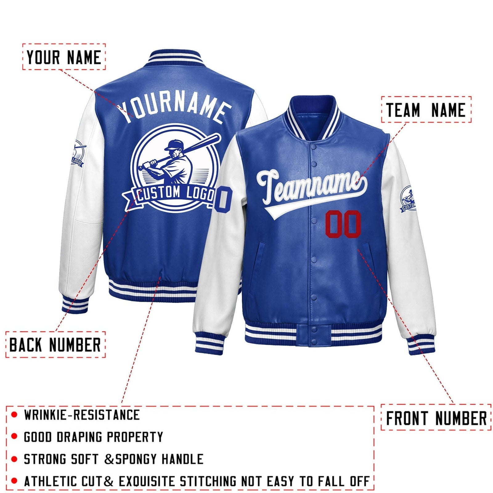 Custom Royal Blue White Raglan Sleeves Full-Snap Faux Leather Letterman Jacket| KXKSHOP