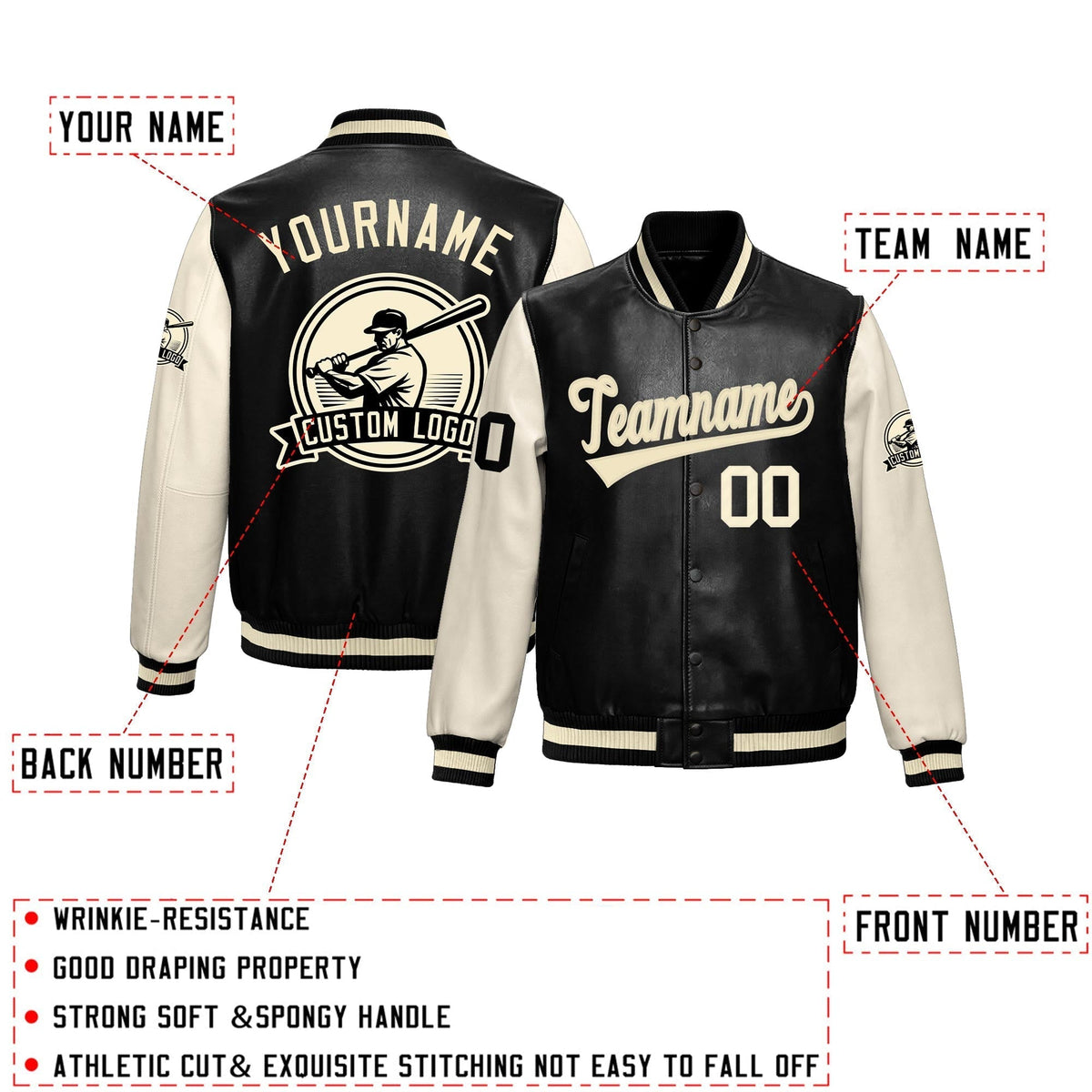 Custom Black Cream Raglan Sleeves Full-Snap Faux Leather Letterman Jacket| KXKSHOP