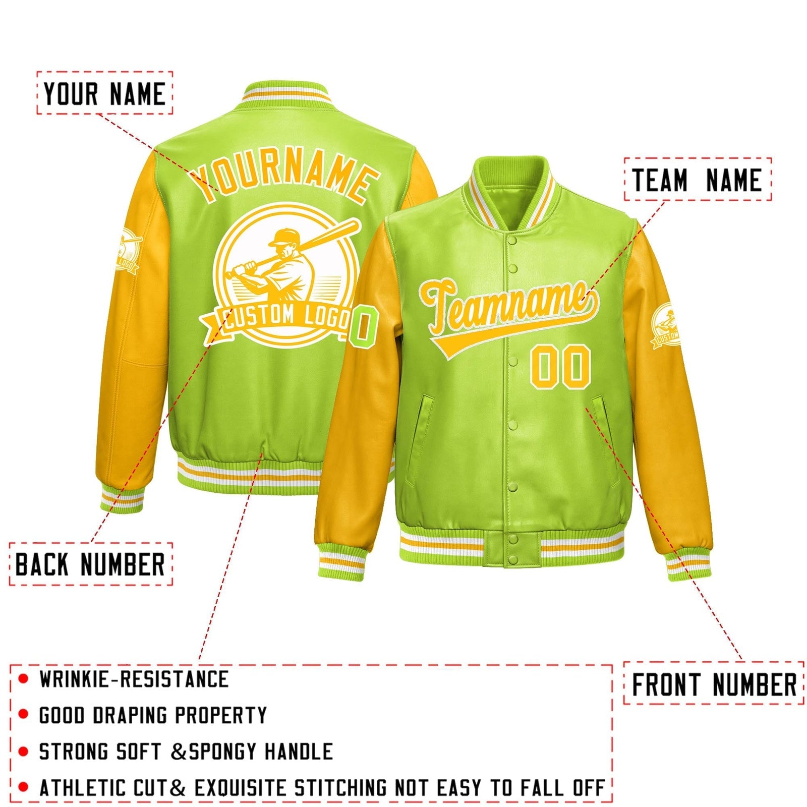 Custom Neon Green Yellow Raglan Sleeves Full-Snap Faux Leather Letterman Jacket| KXKSHOP
