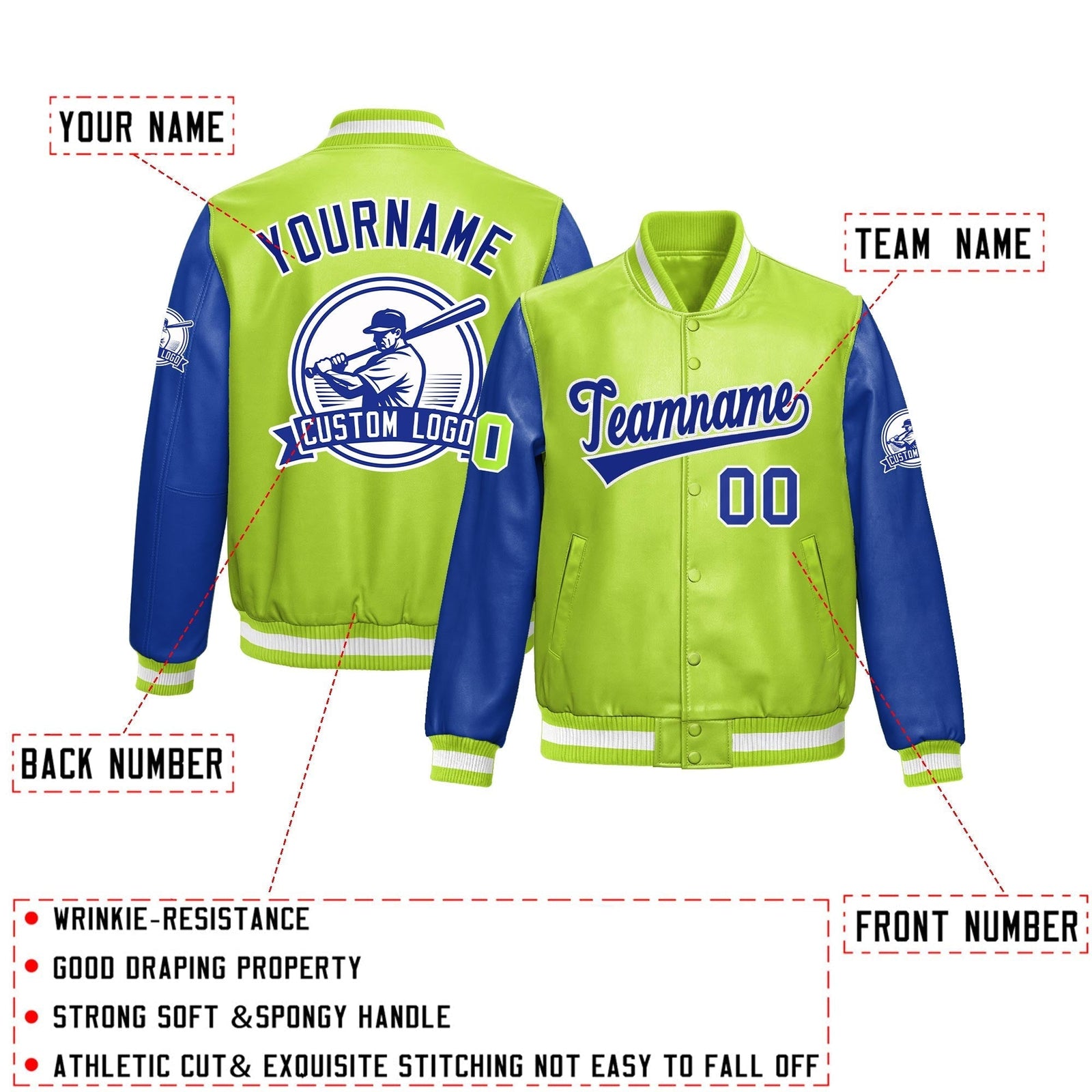 Custom Neon Green Royal Blue Raglan Sleeves Full-Snap Faux Leather Letterman Jacket| KXKSHOP
