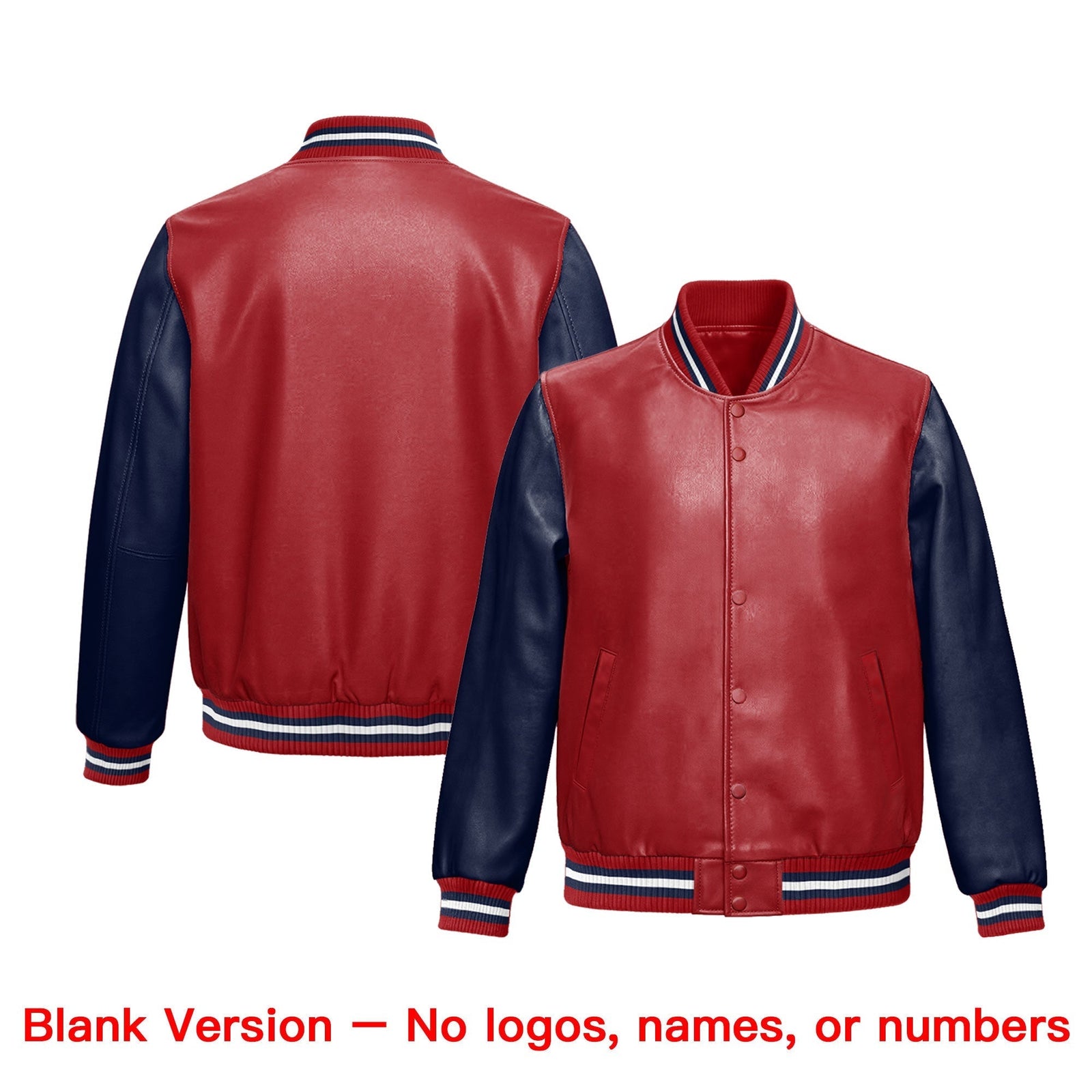 Custom Navy Red Raglan Sleeves Full-Snap Faux Leather Letterman Jacket| KXKSHOP