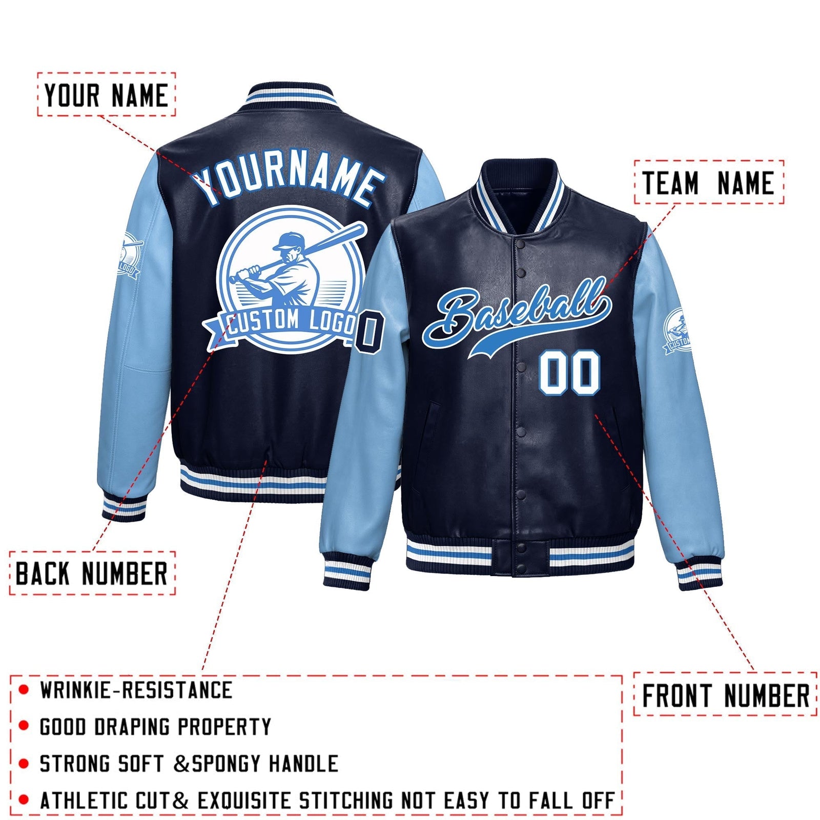 Custom Navy Powder Blue Raglan Sleeves Full-Snap Faux Leather Letterman Jacket| KXKSHOP