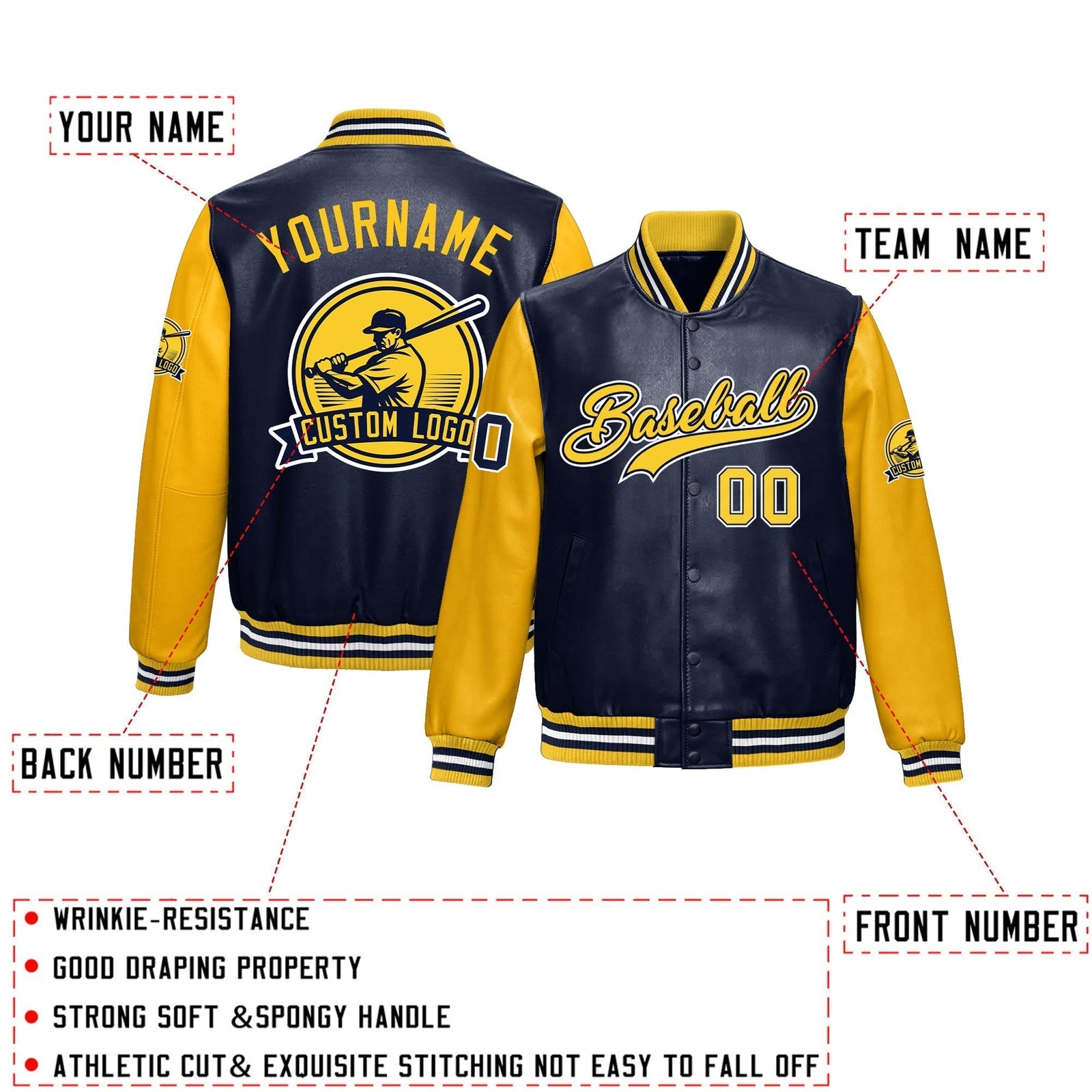Custom Navy Yellow Raglan Sleeves Full-Snap Faux Leather Letterman Jacket| KXKSHOP