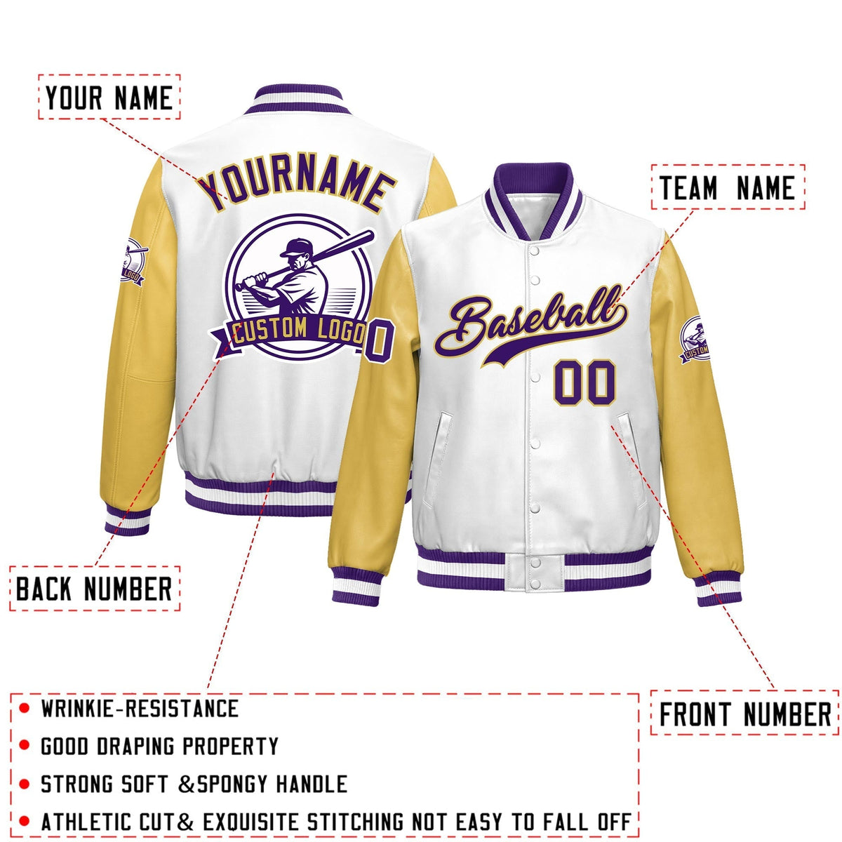 Custom Khaki Purple Raglan Sleeves Full-Snap Faux Leather Letterman Jacket| KXKSHOP