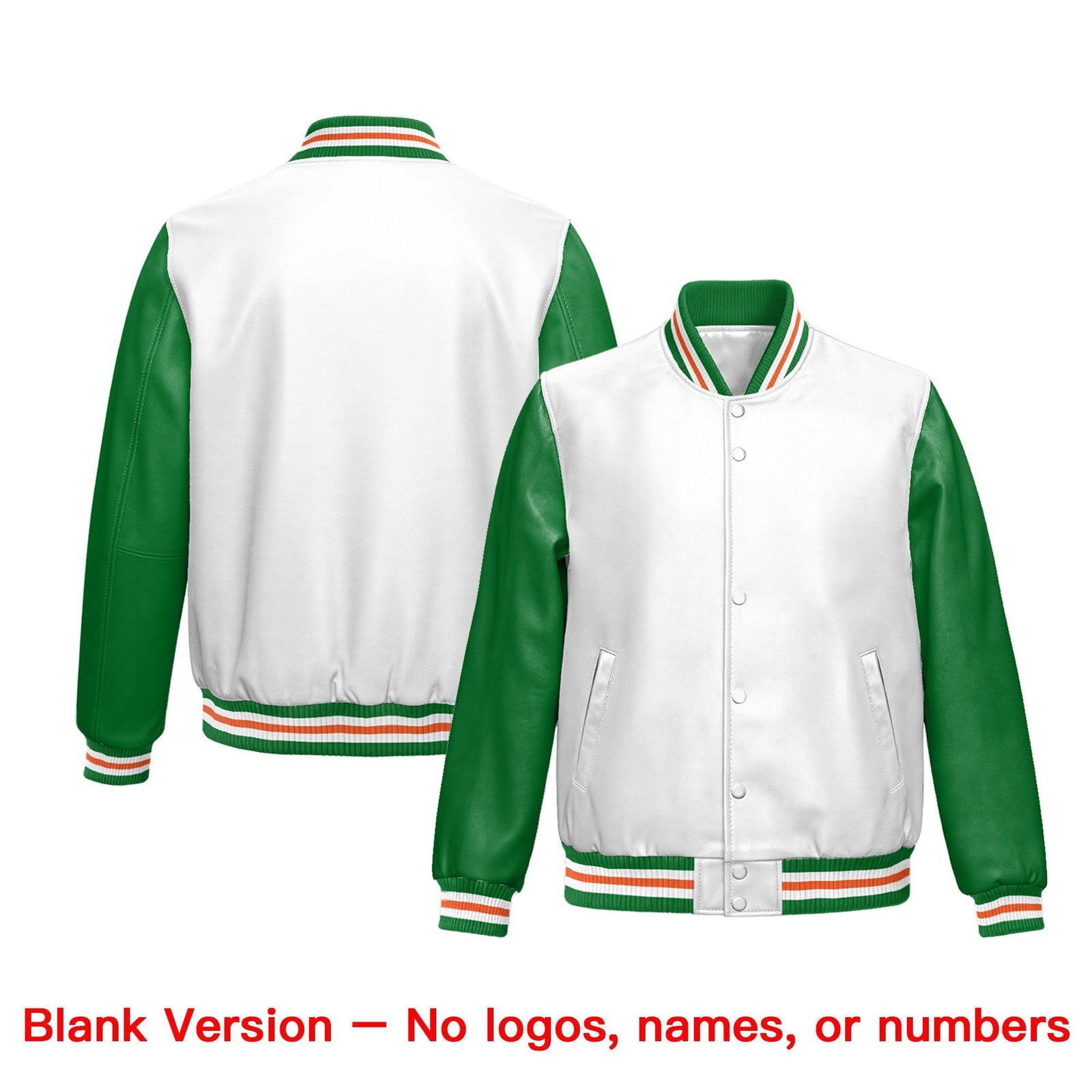 Custom Kelly Green White Orange Raglan Sleeves Full-Snap Faux Leather Letterman Jacket| KXKSHOP