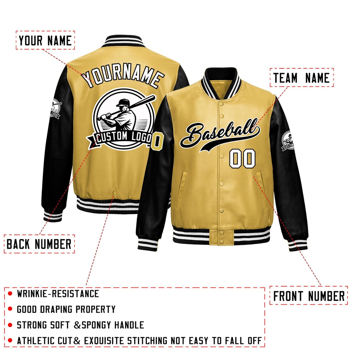 Custom Khaki Black Raglan Sleeves Full-Snap Faux Leather Letterman Jacket| KXKSHOP