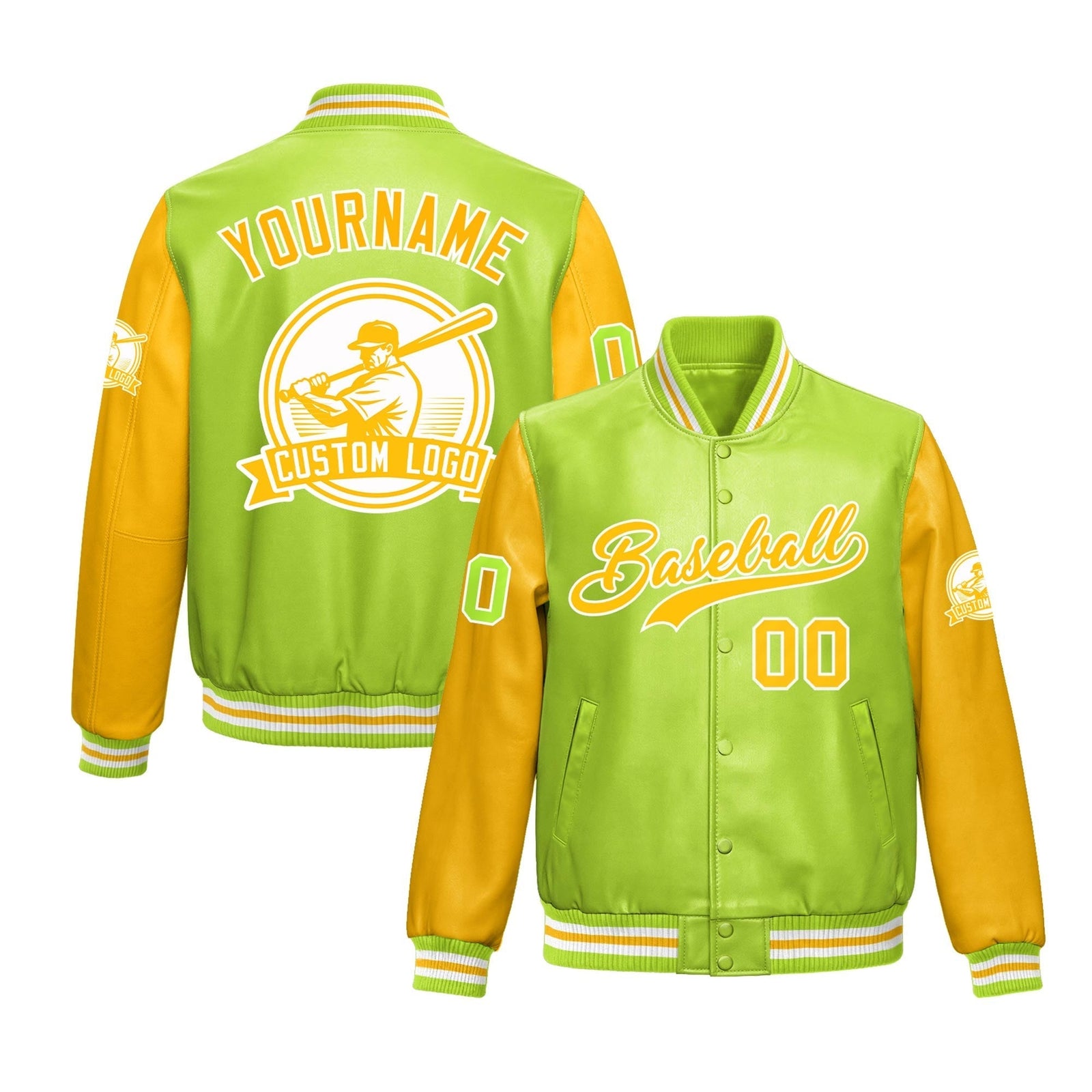 Custom Neon Green Yellow Raglan Sleeves Full-Snap Faux Leather Letterman Jacket| KXKSHOP