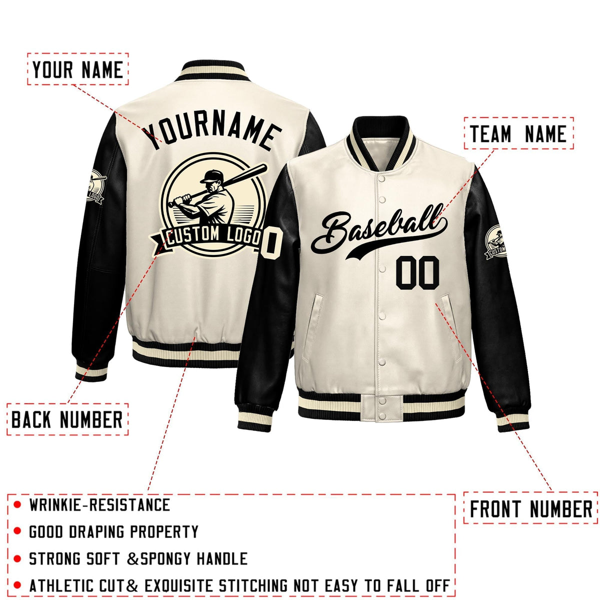 Custom Cream Black Raglan Sleeves Full-Snap Faux Leather Letterman Jacket| KXKSHOP