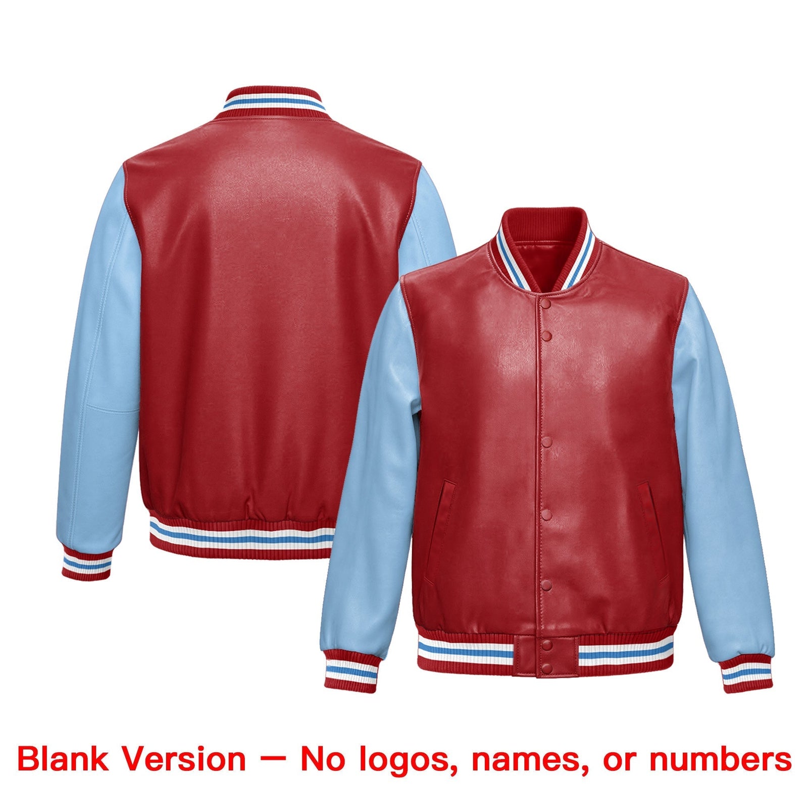 Custom Powder Blue Red Raglan Sleeves Full-Snap Faux Leather Letterman Jacket| KXKSHOP