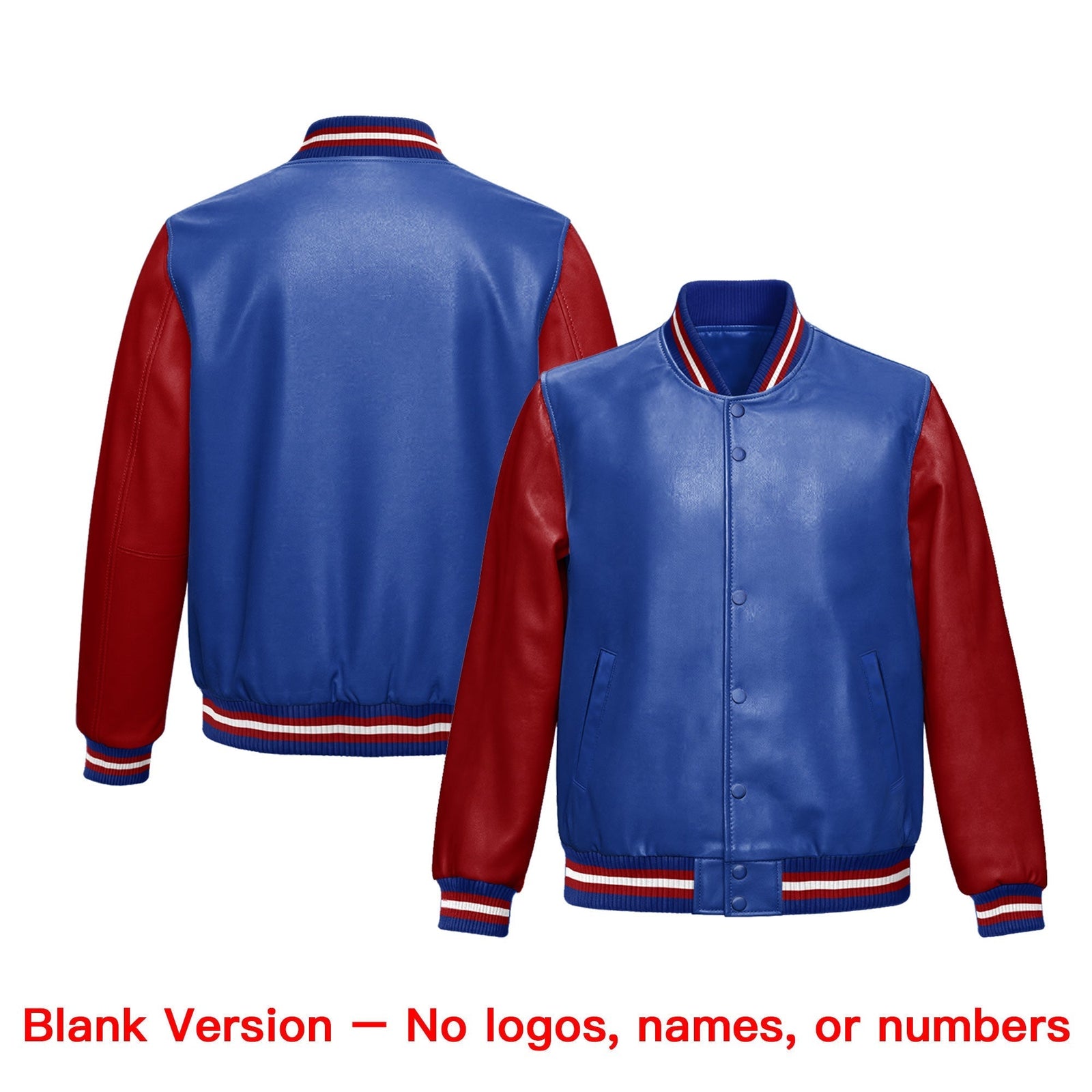 Custom Royal Blue Red Raglan Sleeves Full-Snap Faux Leather Letterman Jacket| KXKSHOP