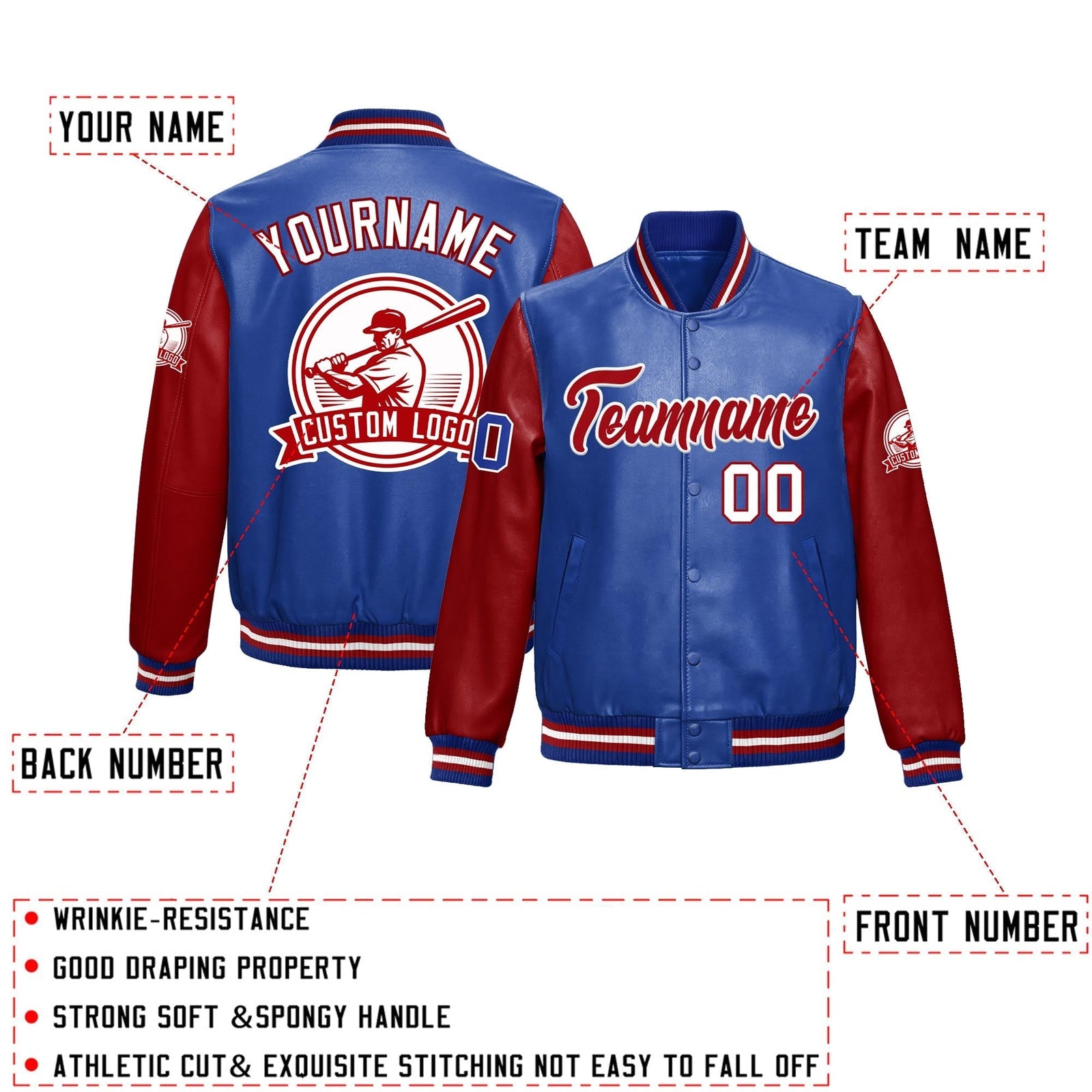 Custom Royal Blue Red Raglan Sleeves Full-Snap Faux Leather Letterman Jacket| KXKSHOP