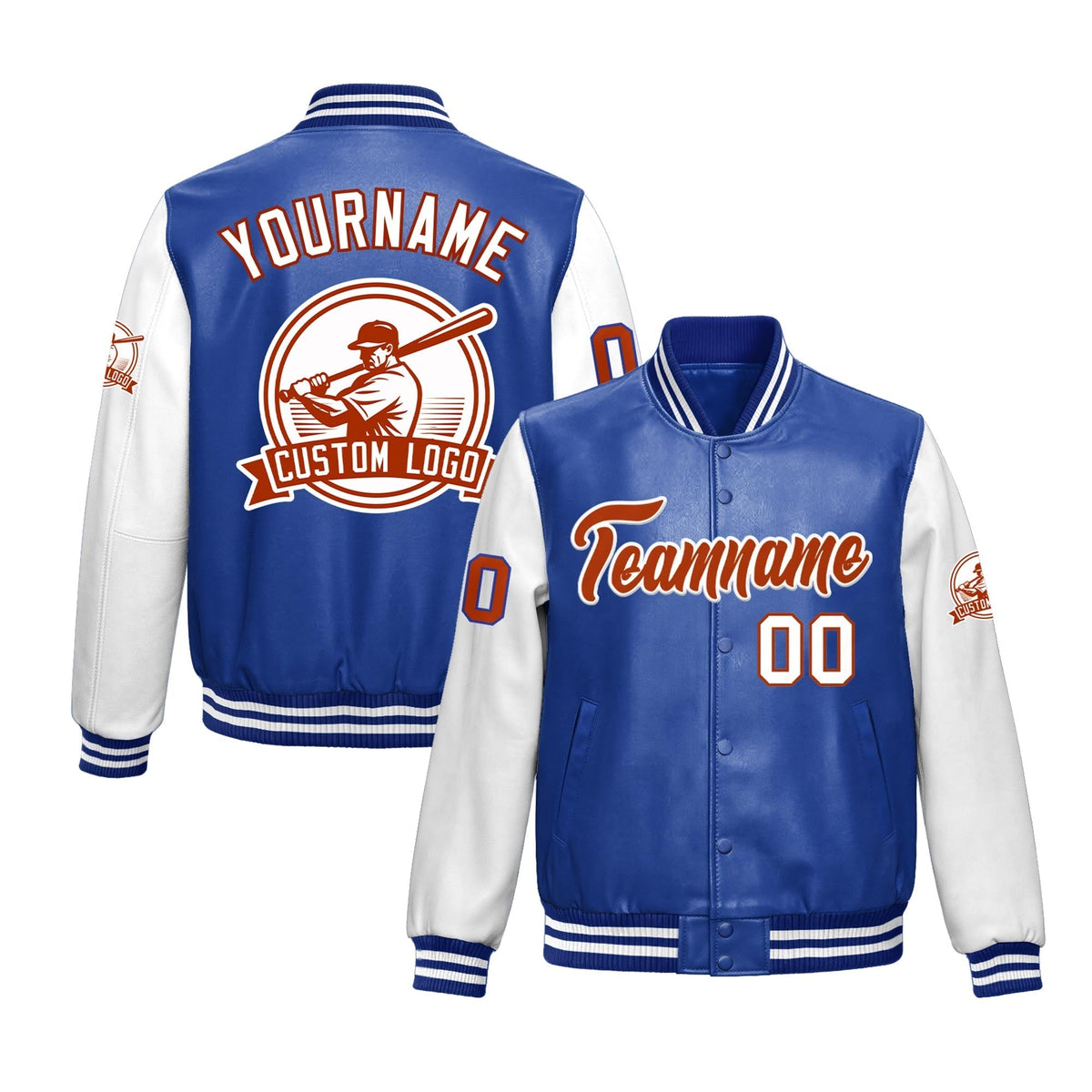 Custom Royal Blue White Raglan Sleeves Full-Snap Faux Leather Letterman Jacket| KXKSHOP