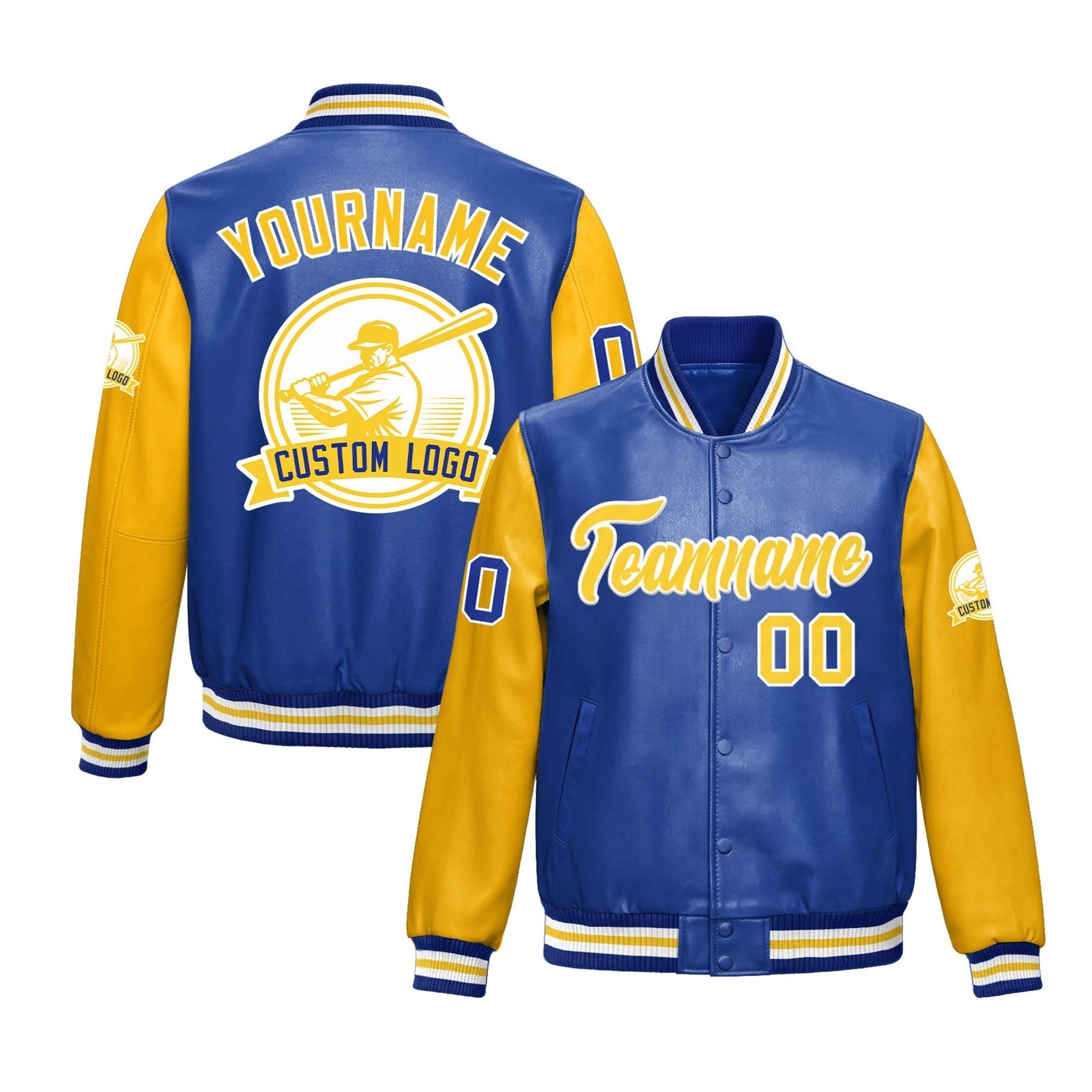 Custom Royal Blue Yellow Raglan Sleeves Full-Snap Faux Leather Letterman Jacket| KXKSHOP
