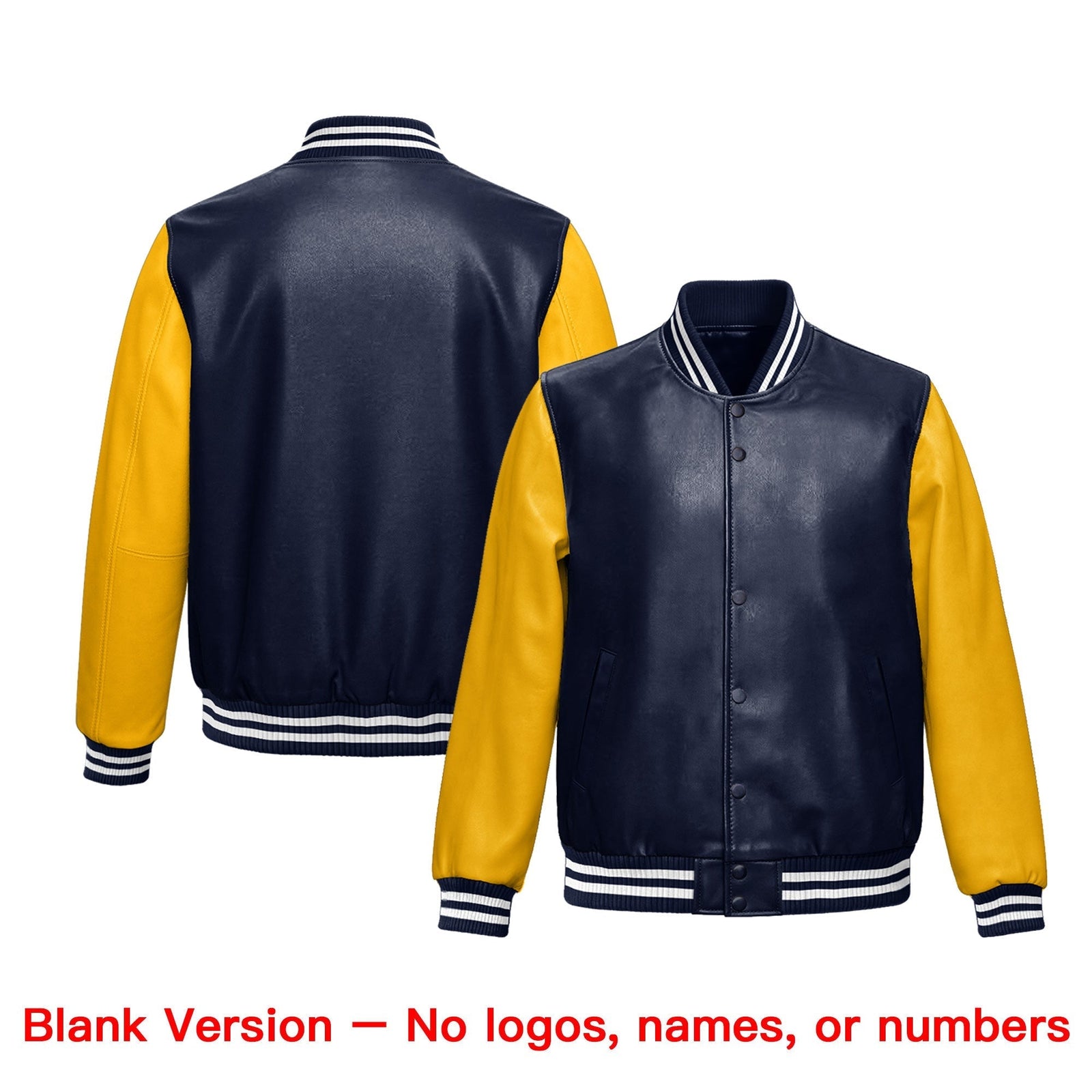 Custom Navy Yellow Raglan Sleeves Full-Snap Faux Leather Letterman Jacket| KXKSHOP