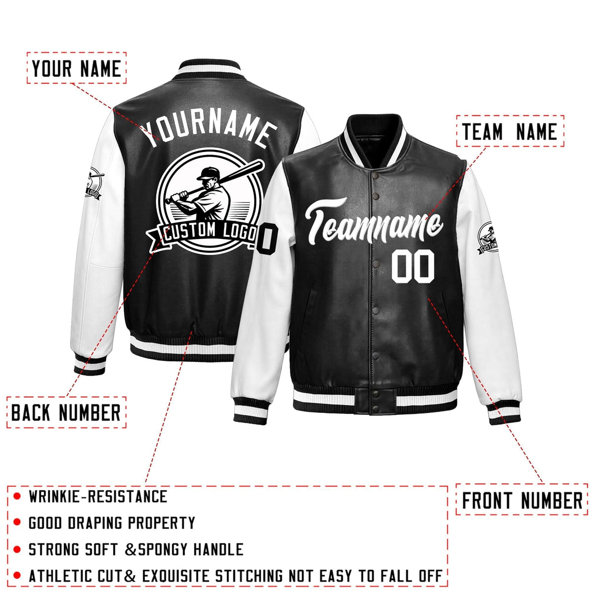 Custom Black White Raglan Sleeves Full-Snap Faux Leather Letterman Jacket| KXKSHOP