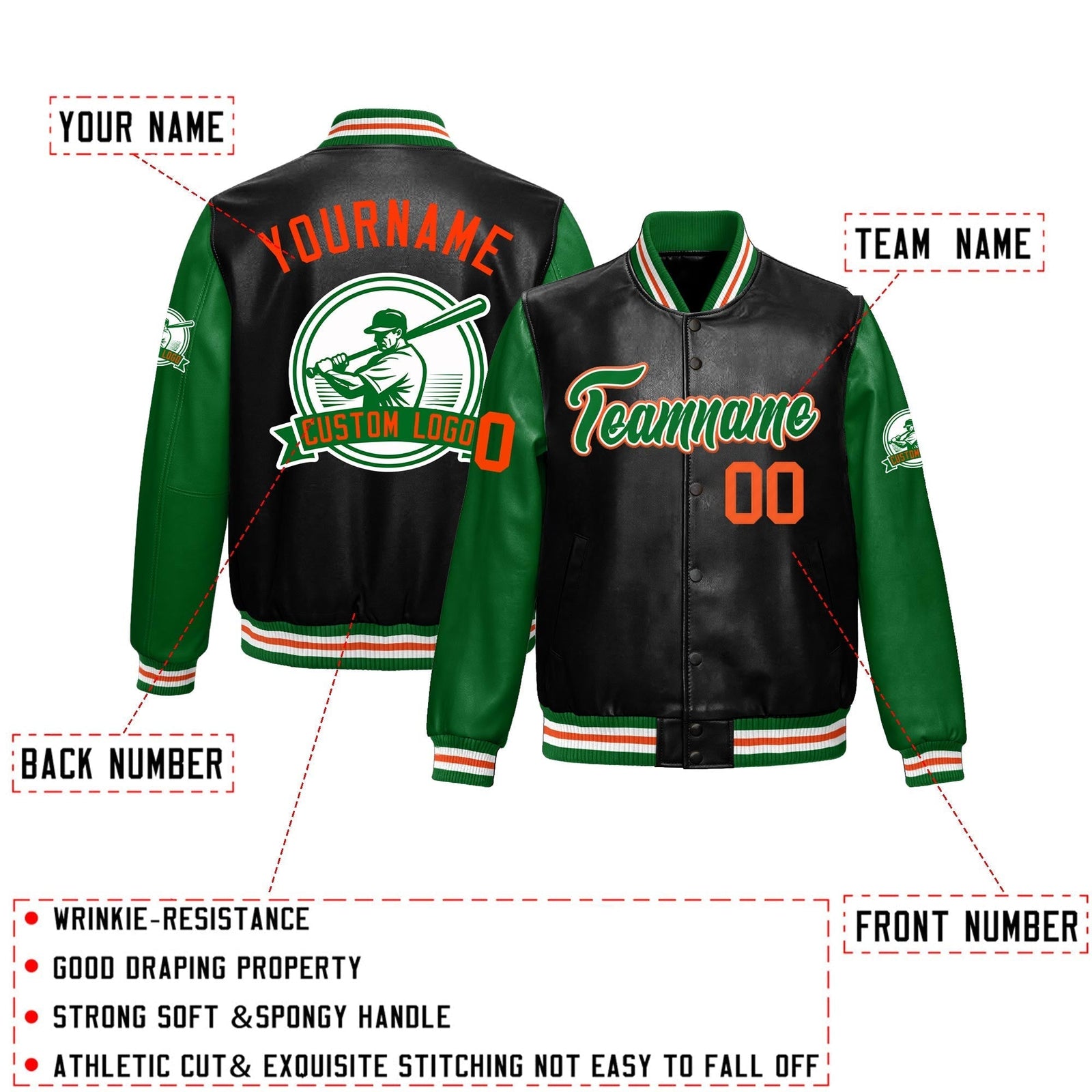 Custom Black Kelly Green Raglan Sleeves Full-Snap Faux Leather Letterman Jacket| KXKSHOP