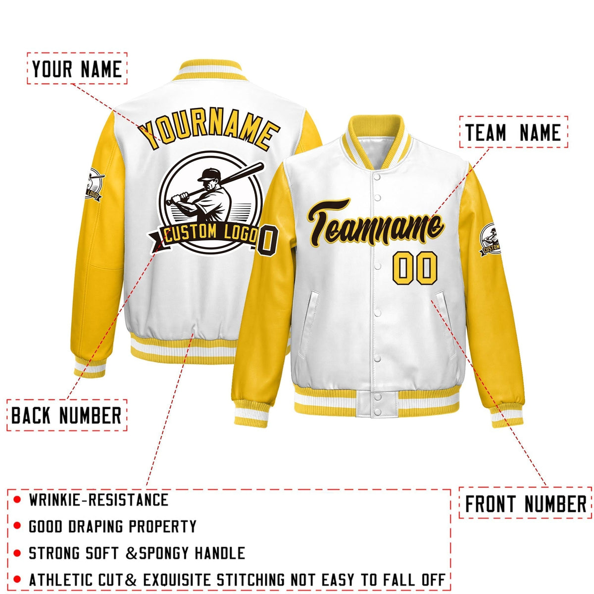 Custom Yellow Gold Raglan Sleeves Full-Snap Faux Leather Letterman Jacket| KXKSHOP