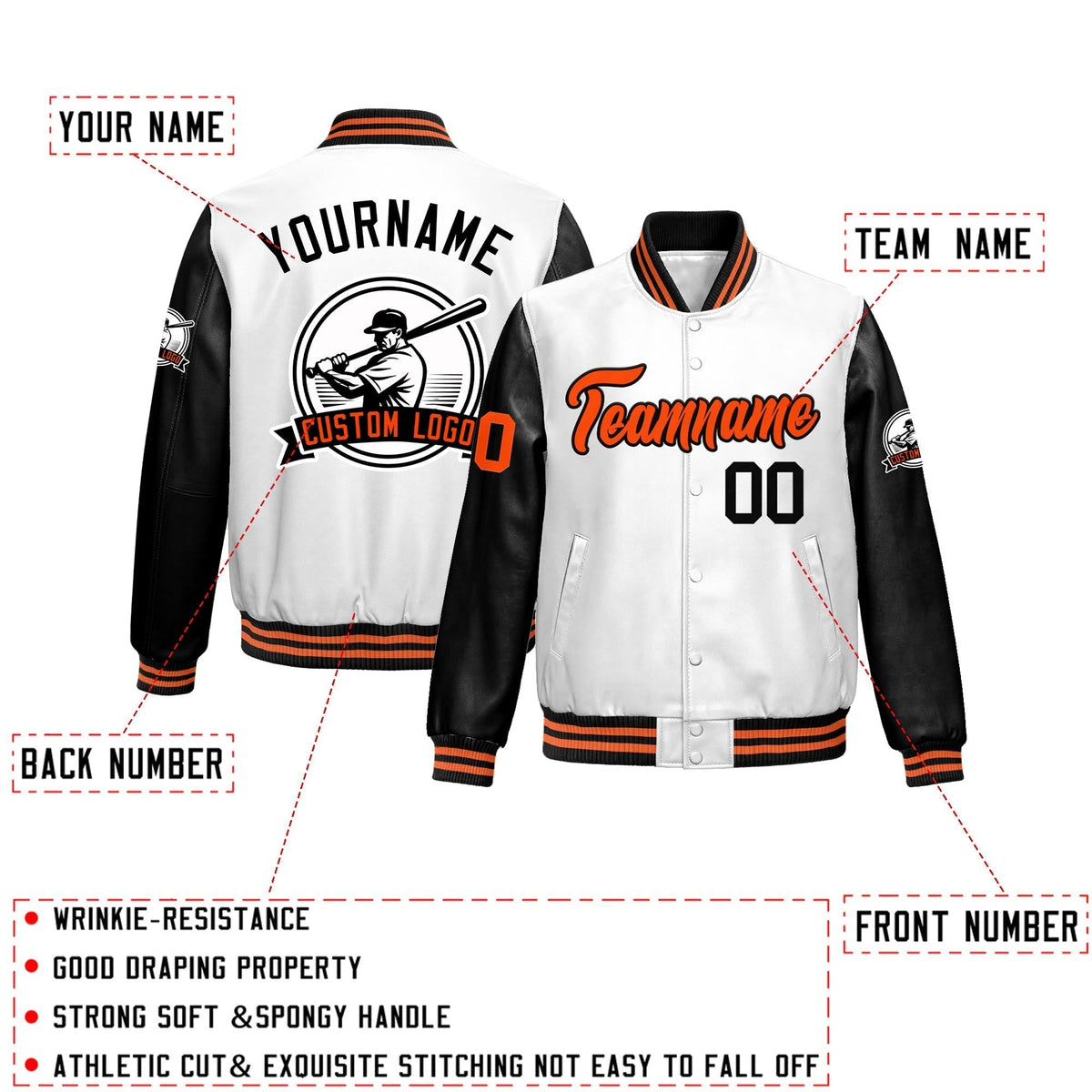 Custom Black White Raglan Sleeves Full-Snap Faux Leather Letterman Jacket| KXKSHOP