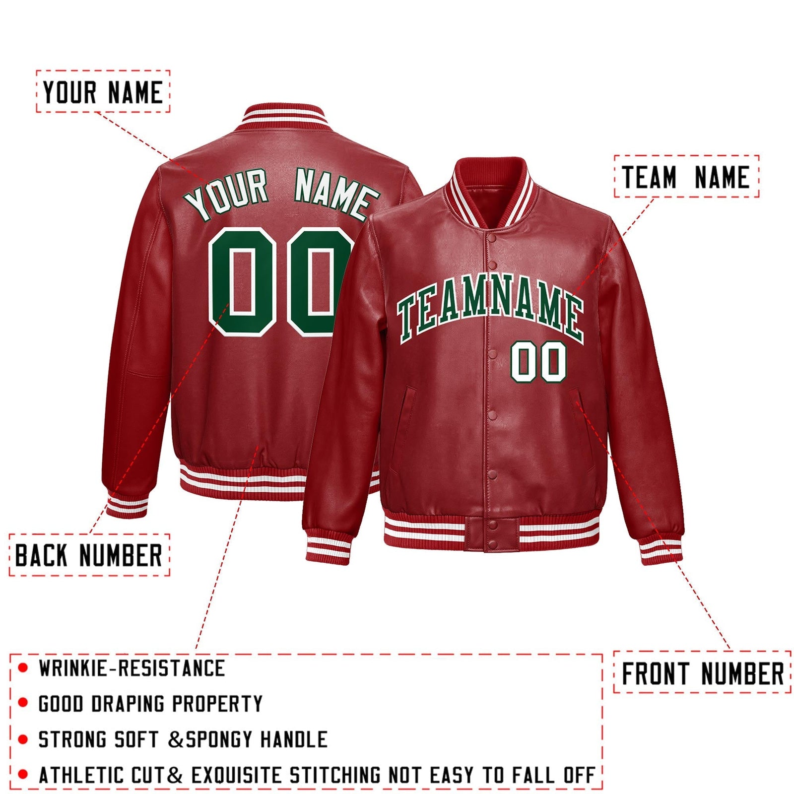 Custom Red Dark Green Full-Snap Varsity Faux Leather Letterman Jacket| KXKSHOP