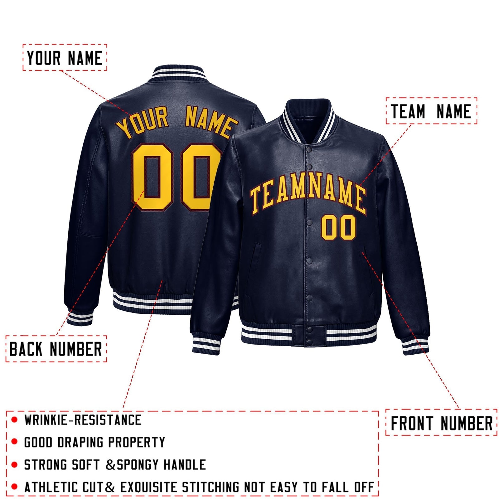Custom Navy Crimson Gold Full-Snap Varsity Faux Leather Letterman Jacket| KXKSHOP