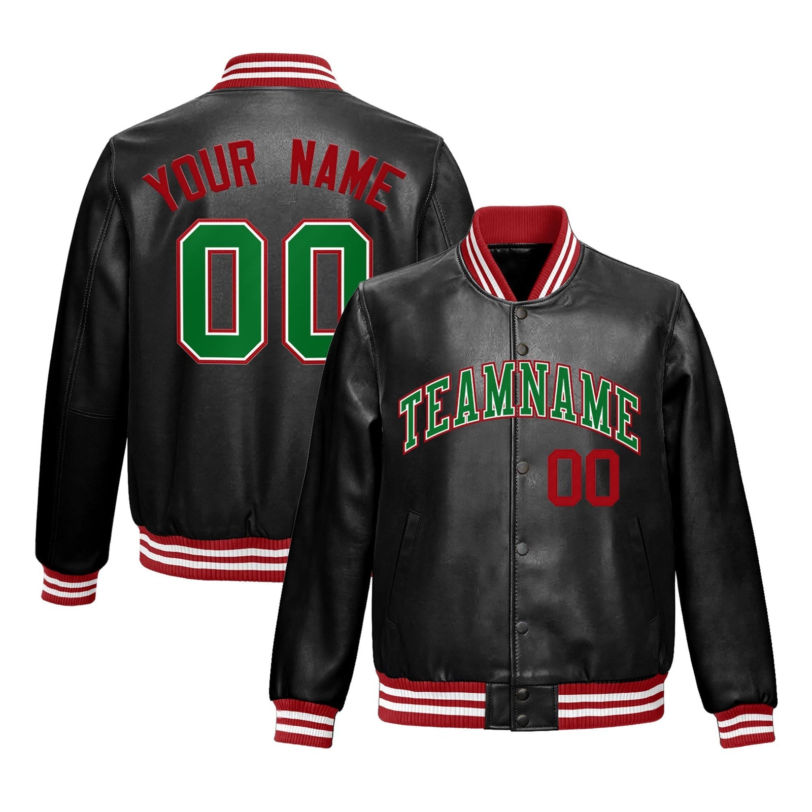 Custom Black Red Kelly Green Full-Snap Varsity Faux Leather Letterman Jacket| KXKSHOP