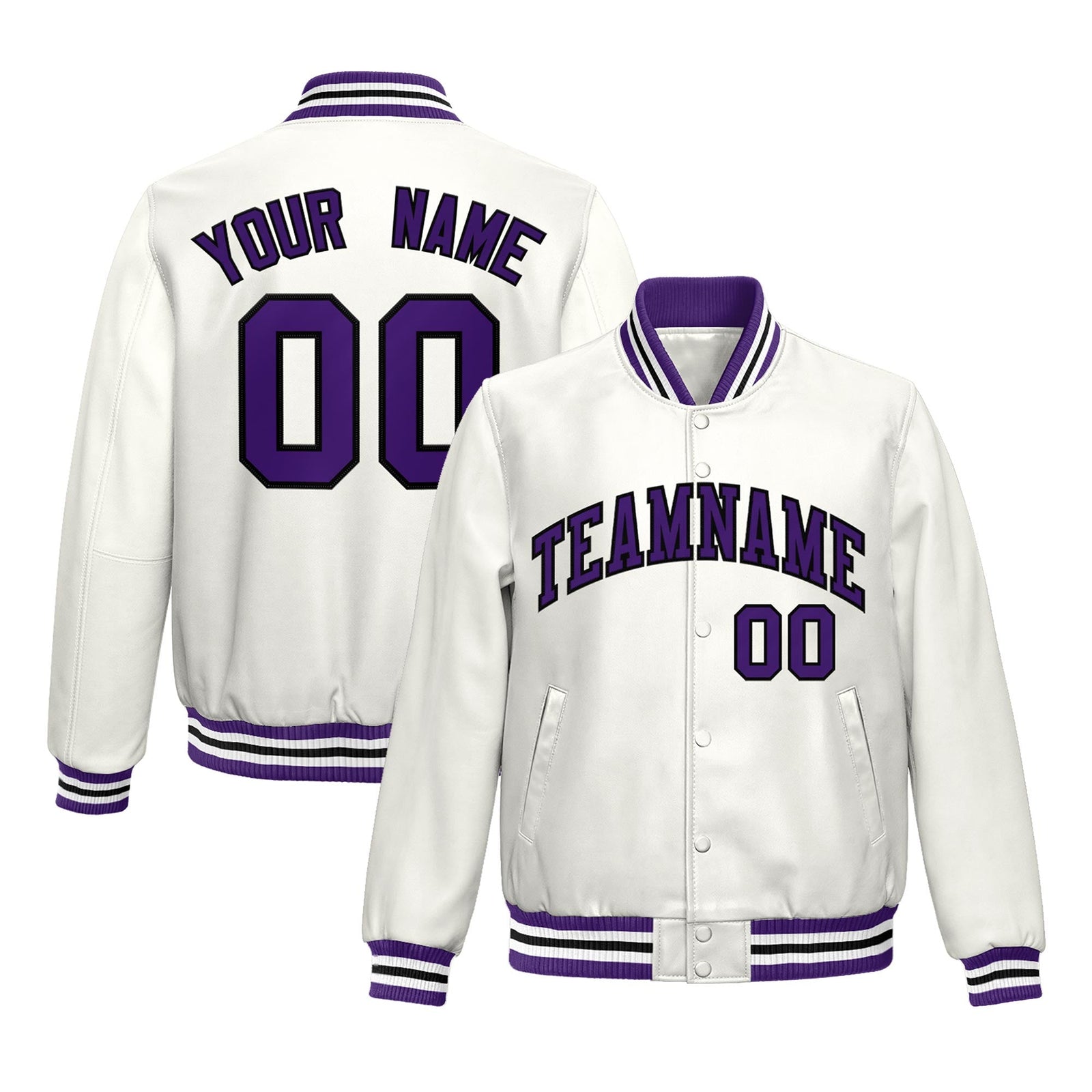 Custom White Purple Full-Snap Varsity Faux Leather Letterman Jacket| KXKSHOP
