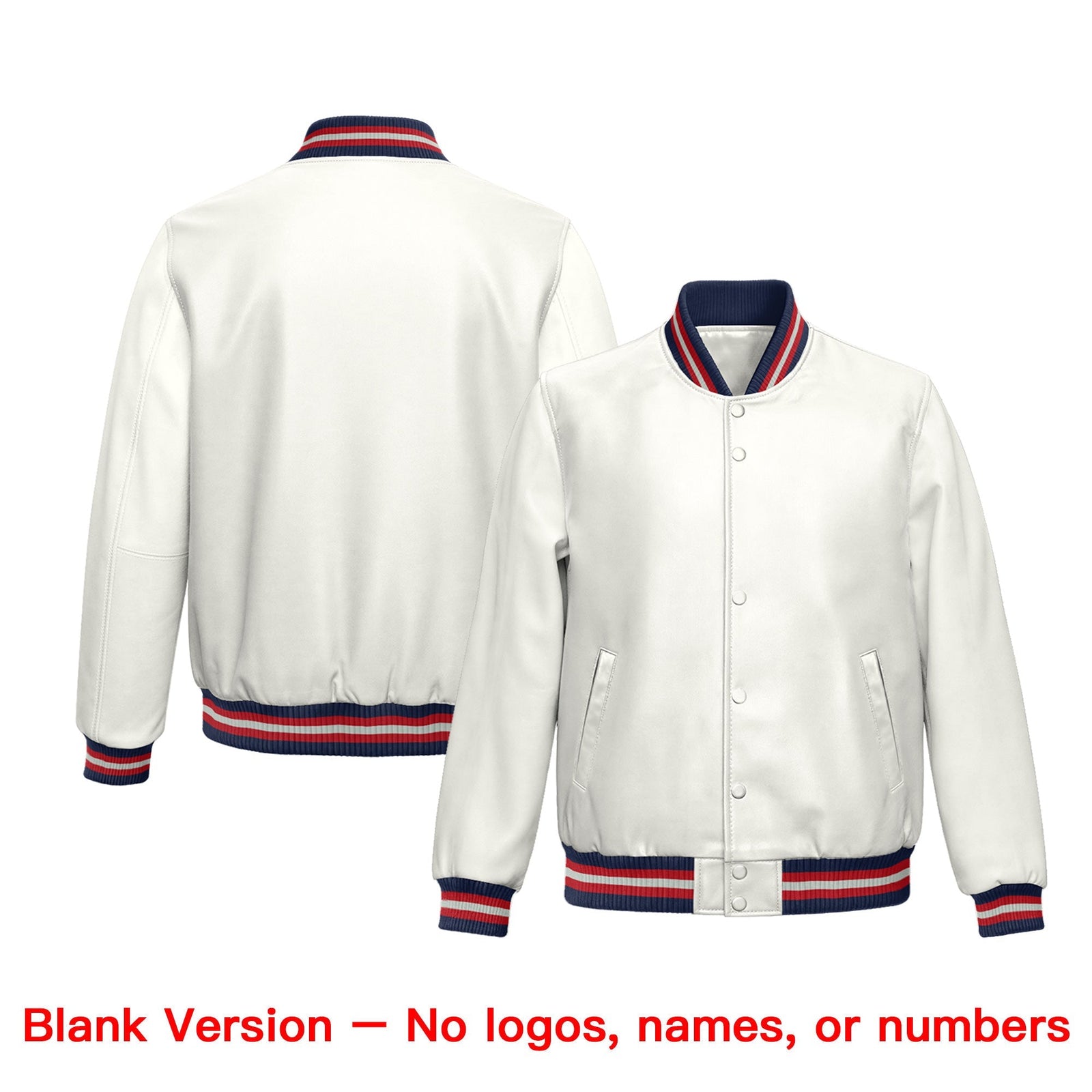 Custom White Navy Red Full-Snap Varsity Faux Leather Letterman Jacket| KXKSHOP