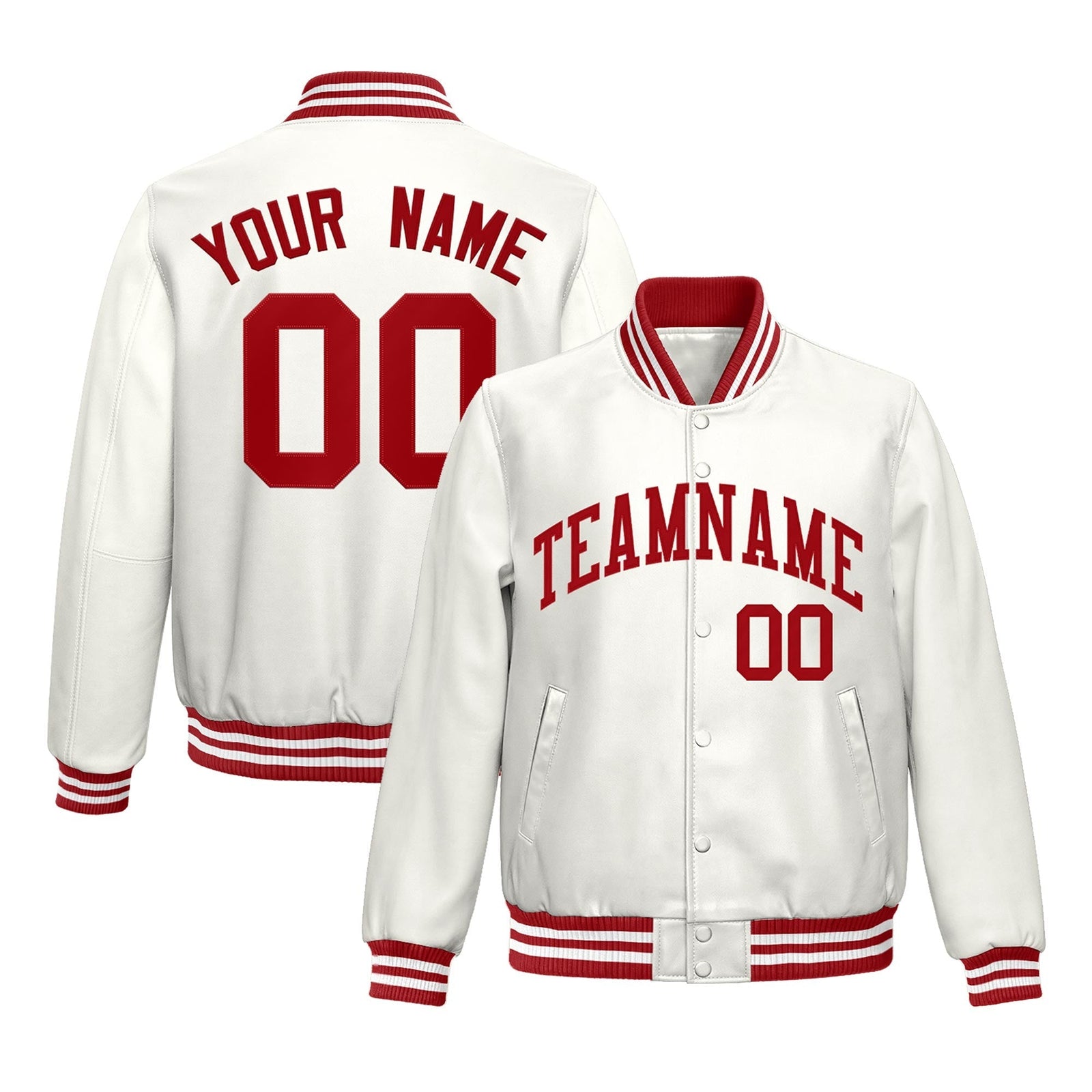 Custom White Red Full-Snap Varsity Faux Leather Letterman Jacket| KXKSHOP