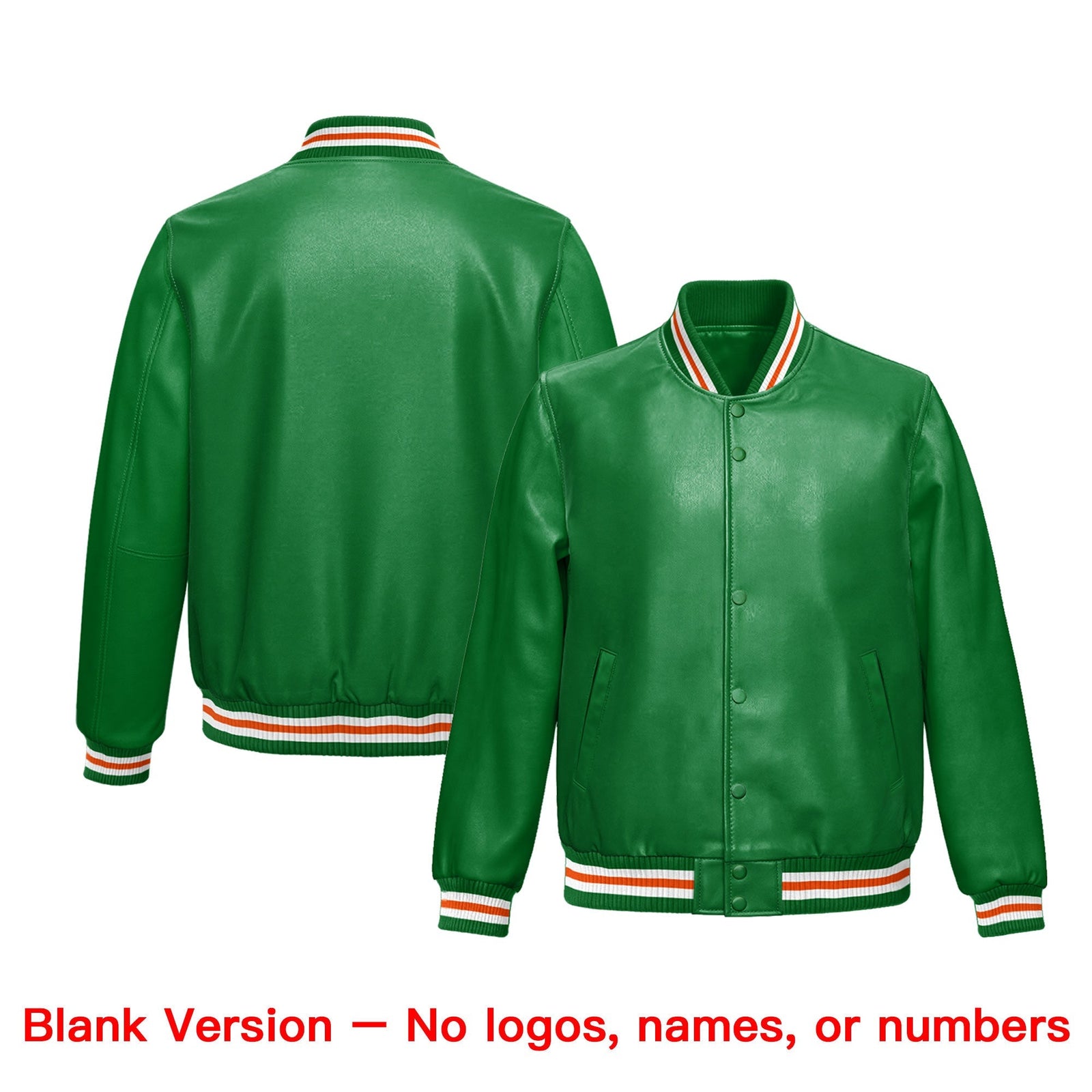 Custom Kelly Green Orange Full-Snap Varsity Faux Leather Letterman Jacket| KXKSHOP