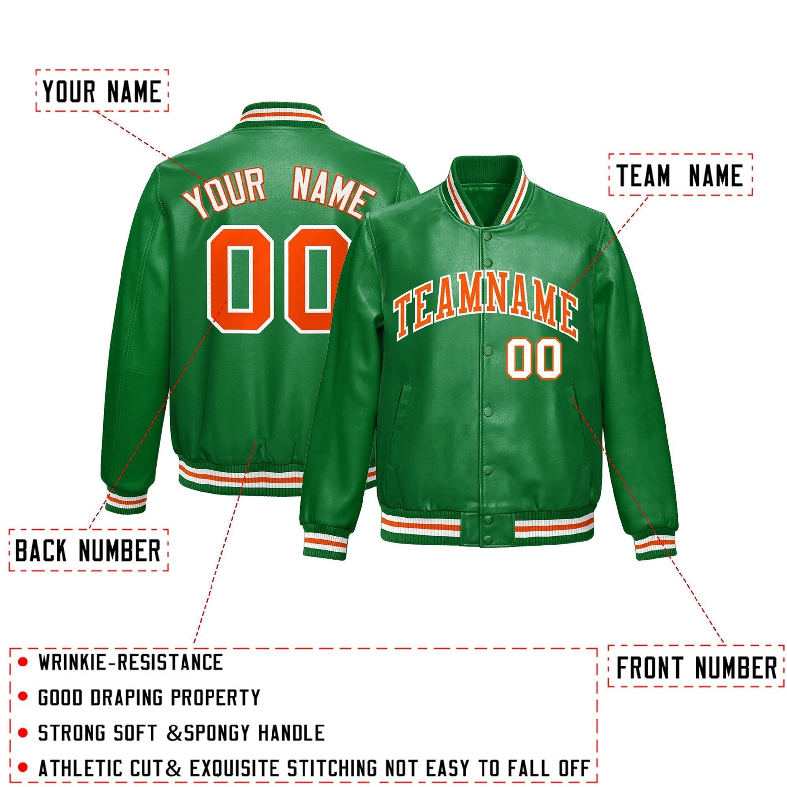 Custom Kelly Green Orange Full-Snap Varsity Faux Leather Letterman Jacket| KXKSHOP