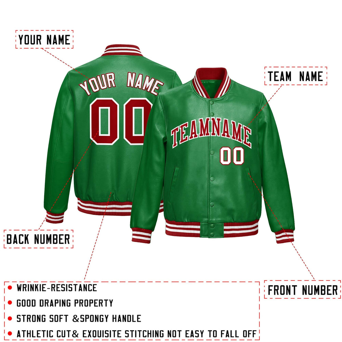 Custom Kelly Green Red Full-Snap Varsity Faux Leather Letterman Jacket| KXKSHOP