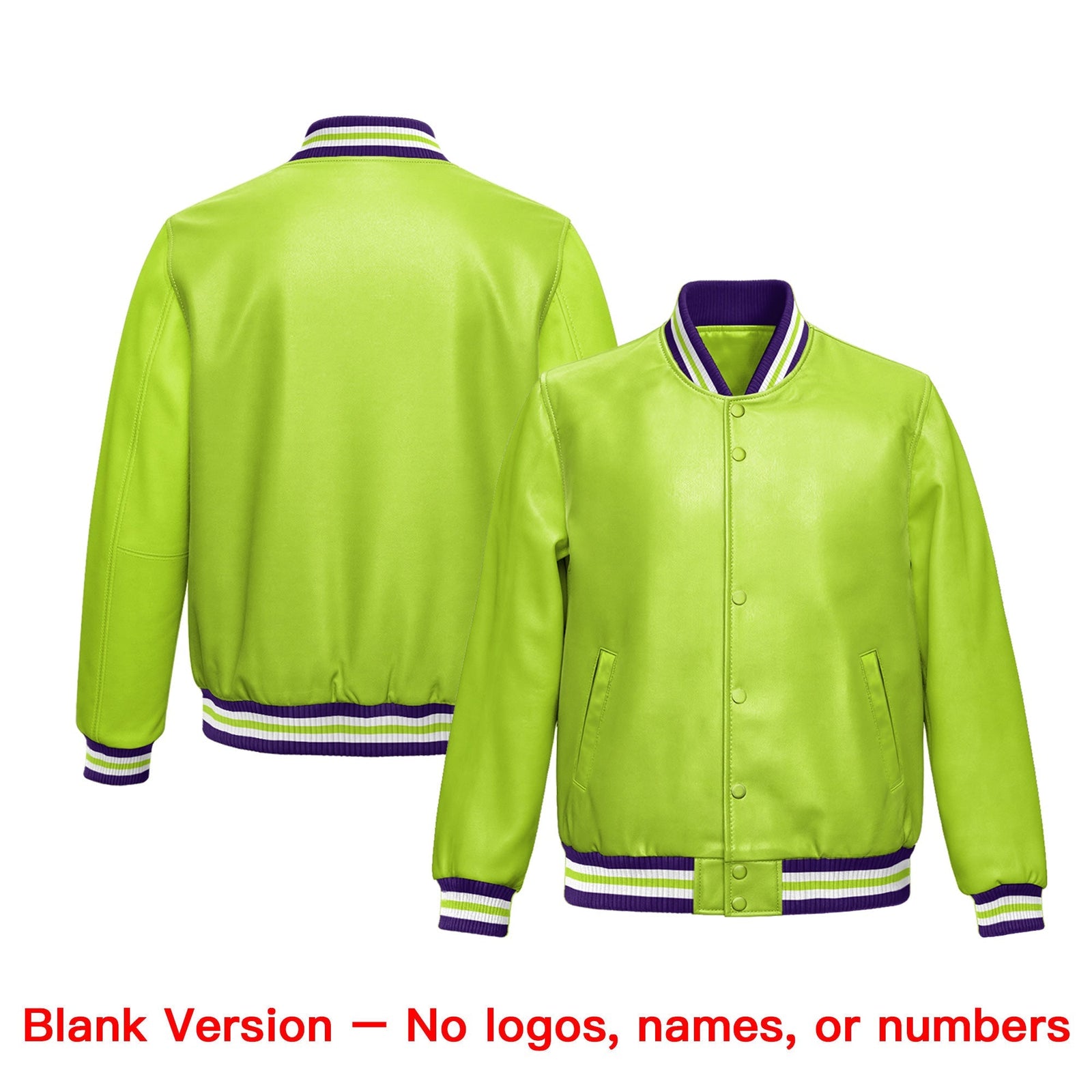 Custom Neon Green Purple Full-Snap Varsity Faux Leather Letterman Jacket| KXKSHOP