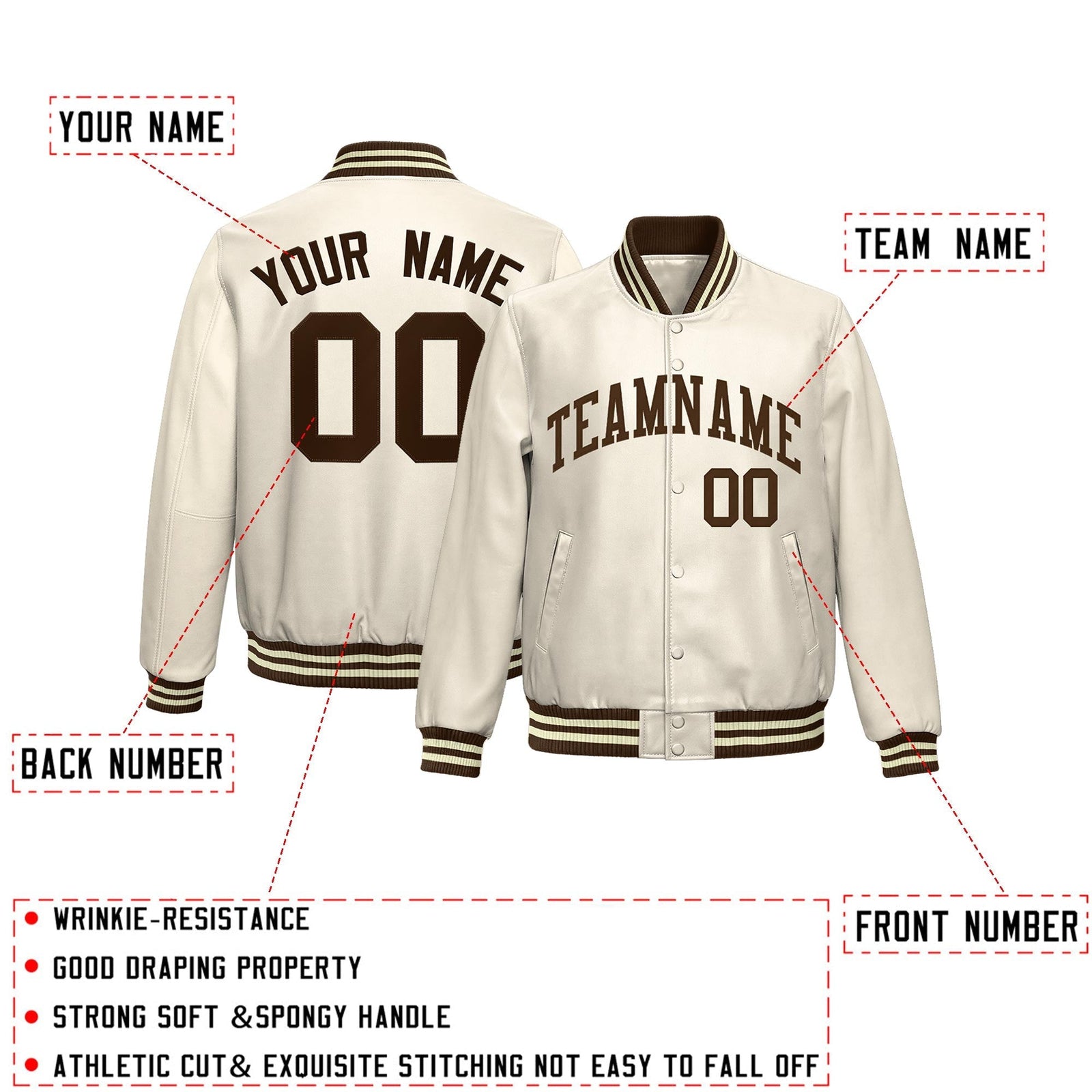 Custom Cream Brown Full-Snap Varsity Faux Leather Letterman Jacket| KXKSHOP