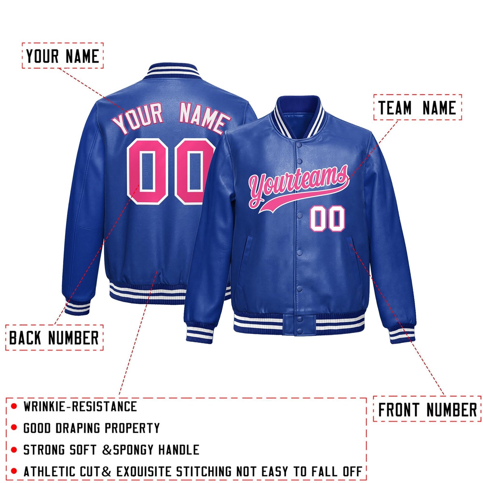 Custom Royal Blue Pink Full-Snap Varsity Faux Leather Letterman Jacket| KXKSHOP