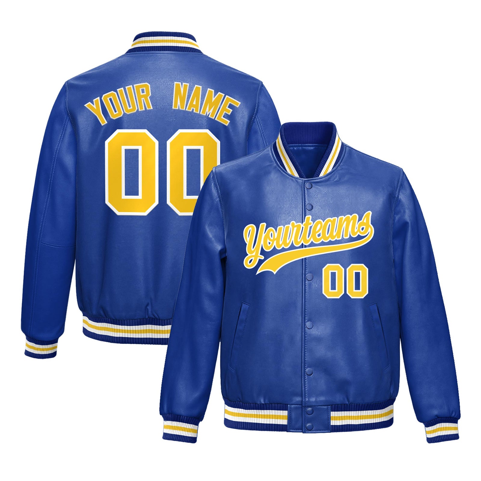 Custom Royal Blue Gold Full-Snap Varsity Faux Leather Letterman Jacket| KXKSHOP