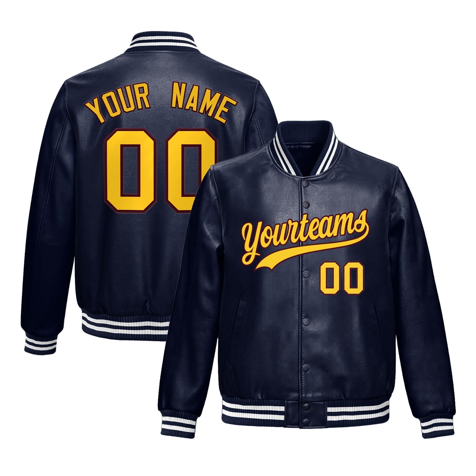 Custom Navy Crimson Gold Full-Snap Varsity Faux Leather Letterman Jacket| KXKSHOP