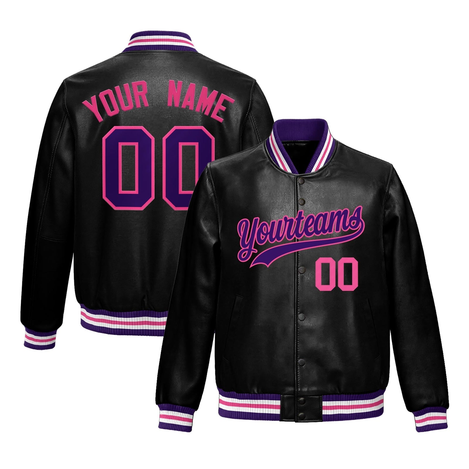 Custom Black Purple Pink Full-Snap Varsity Faux Leather Letterman Jacket| KXKSHOP