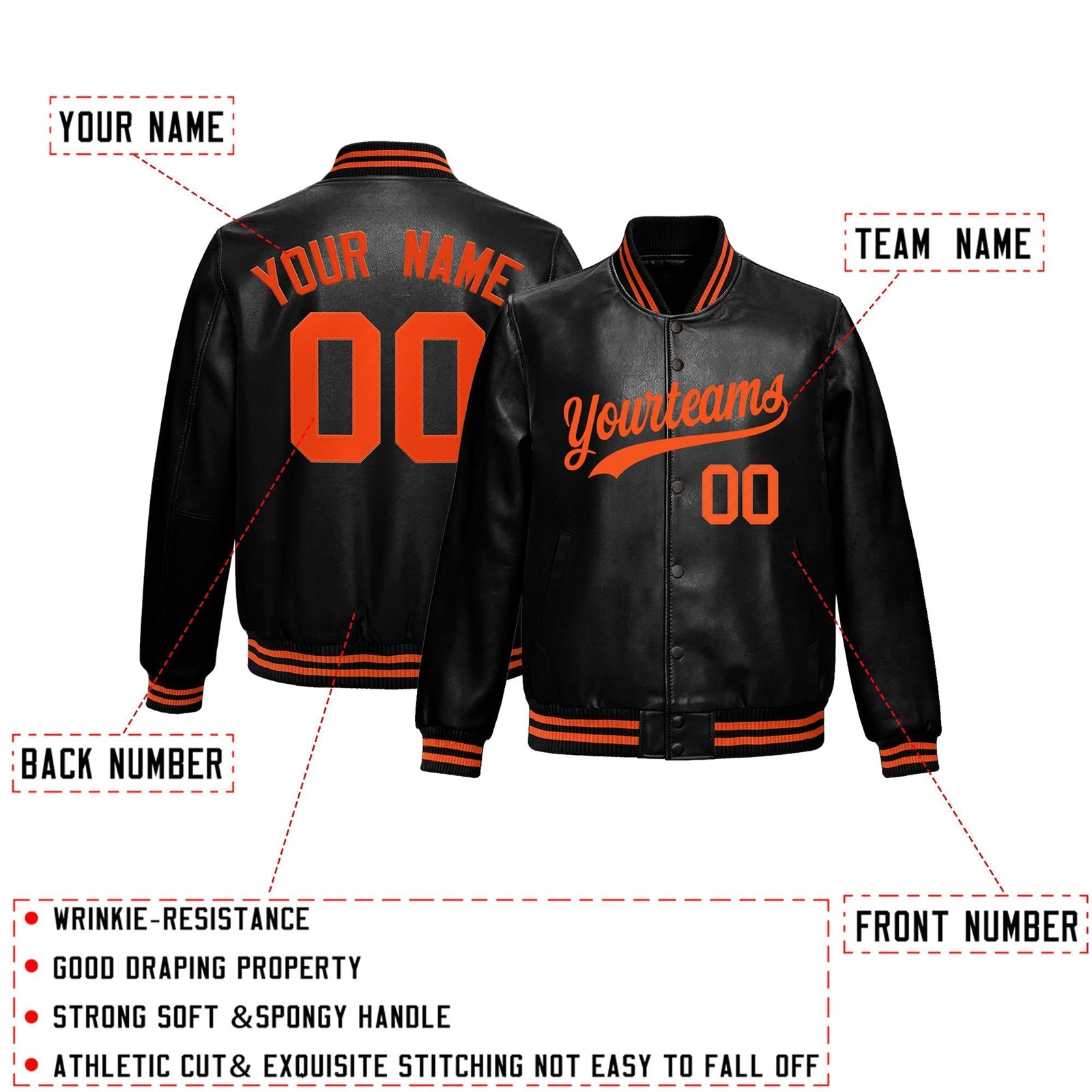 Custom Black Orange Full-Snap Varsity Faux Leather Letterman Jacket| KXKSHOP