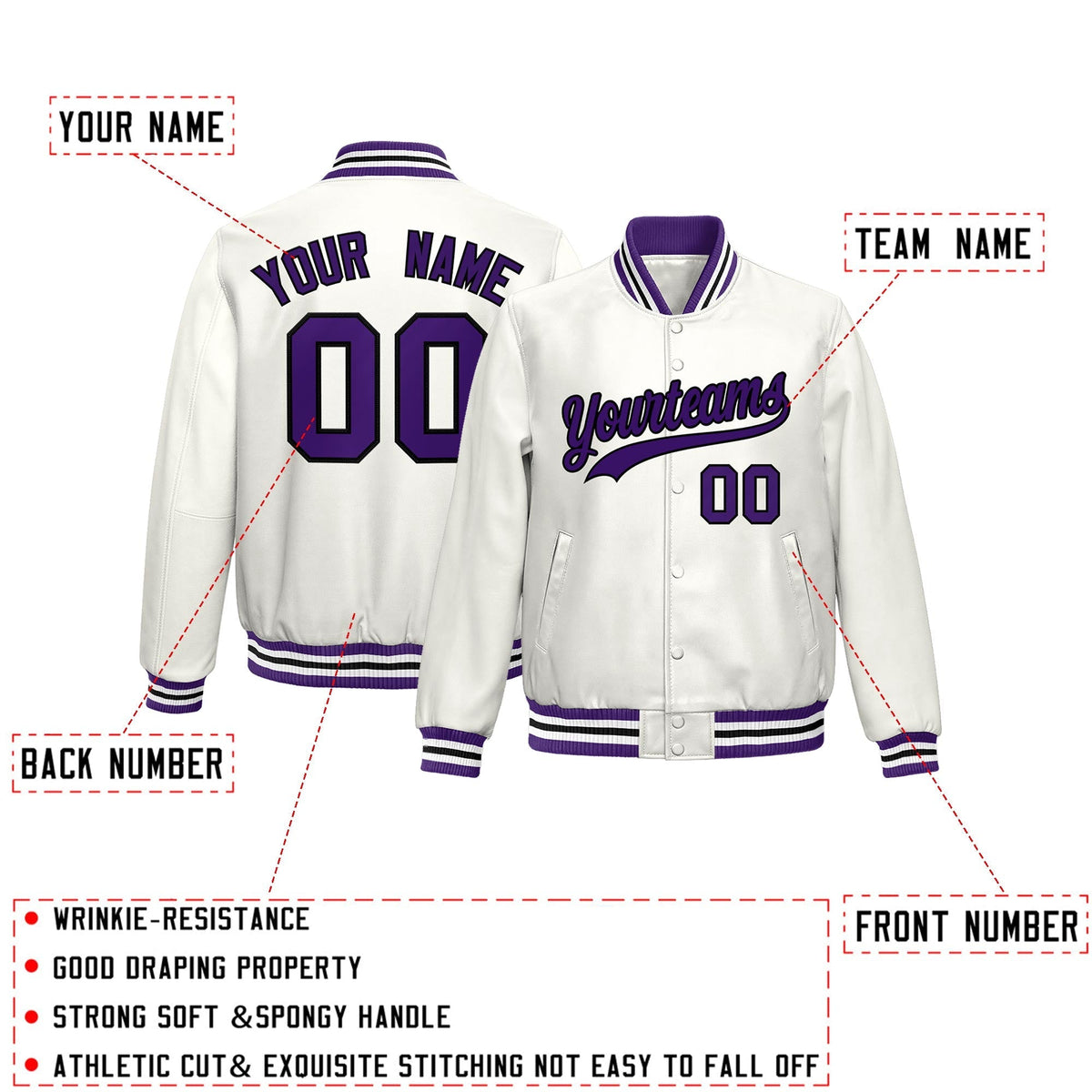 Custom White Purple Full-Snap Varsity Faux Leather Letterman Jacket| KXKSHOP