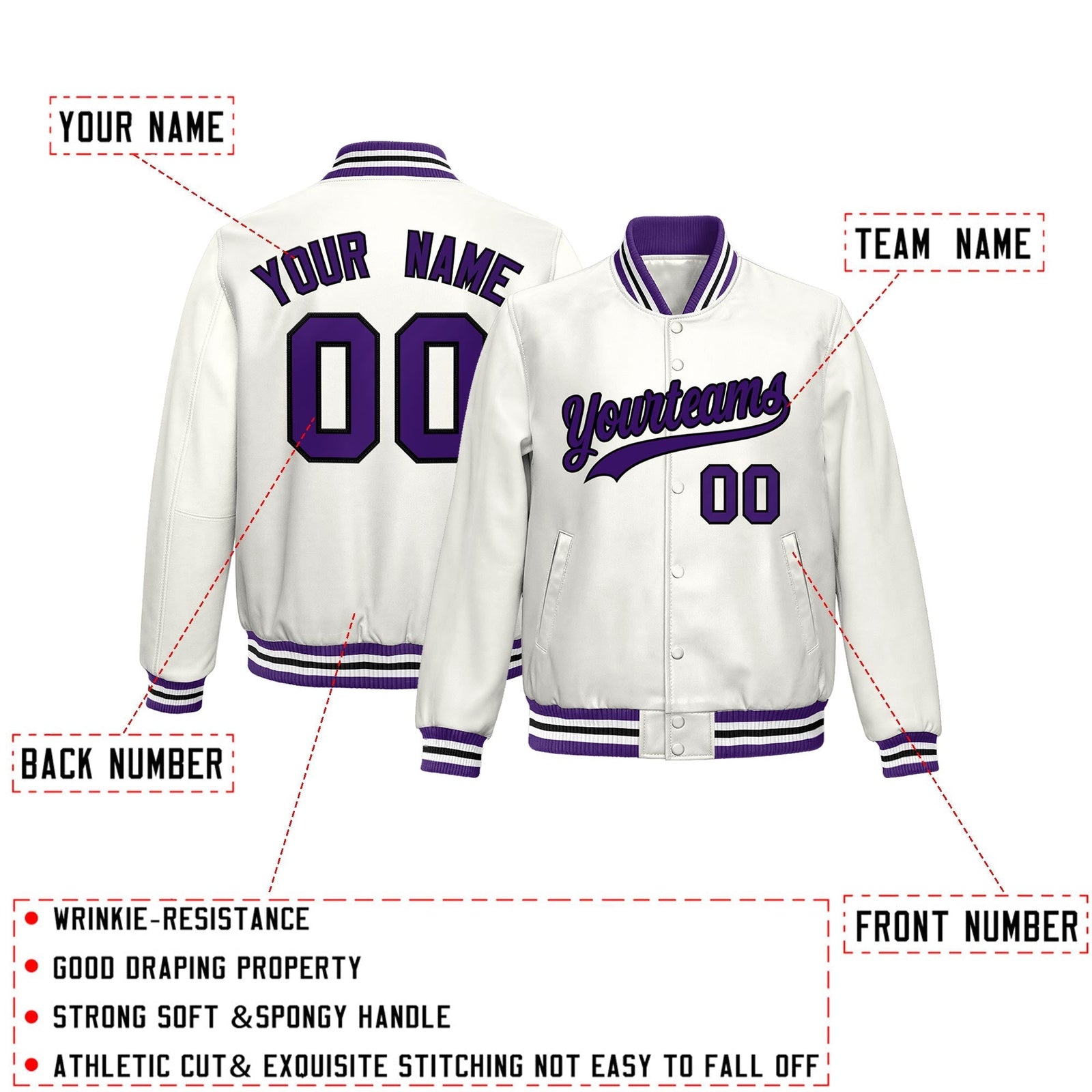 Custom White Purple Full-Snap Varsity Faux Leather Letterman Jacket| KXKSHOP