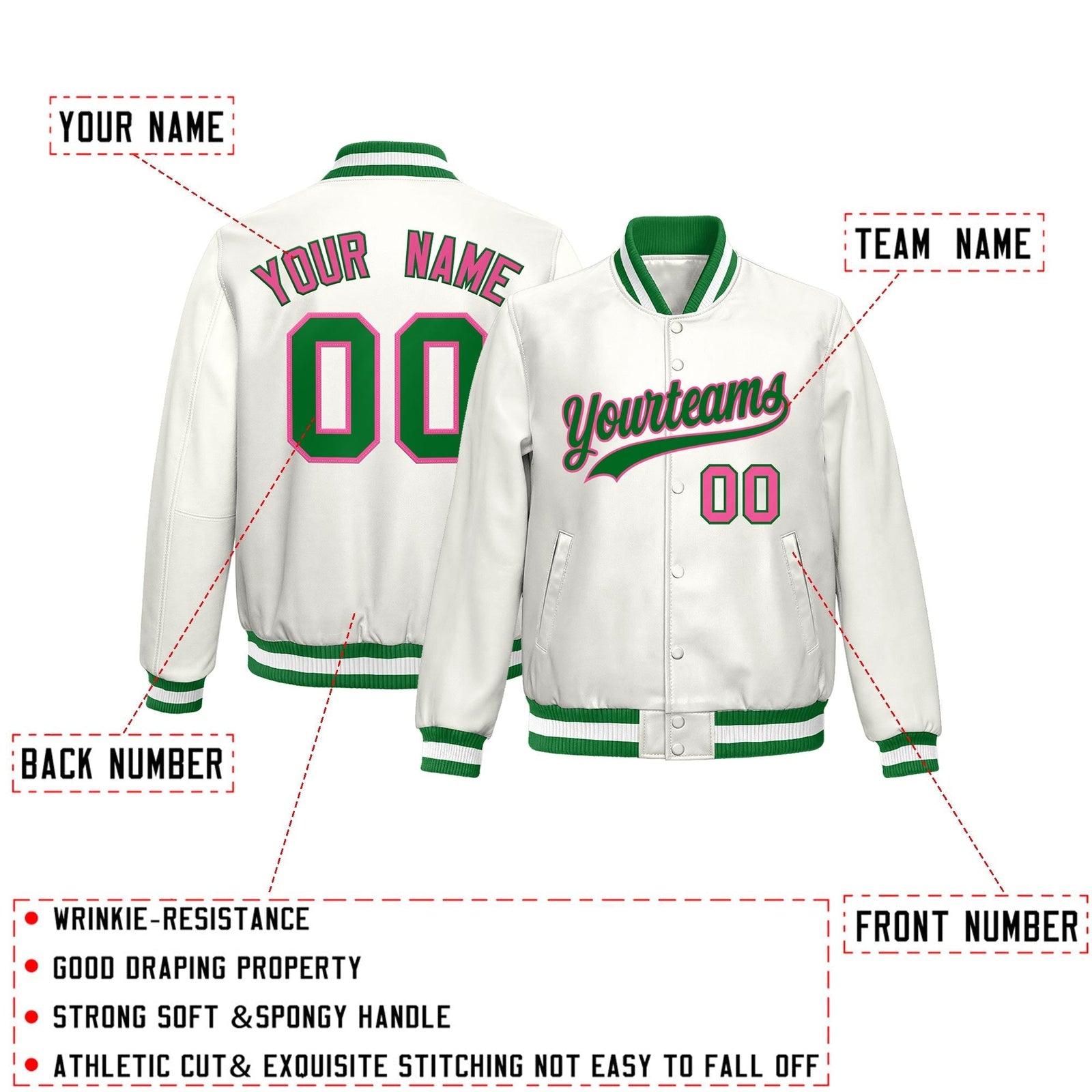 Custom White Kelly Green Pink Full-Snap Varsity Faux Leather Letterman Jacket| KXKSHOP