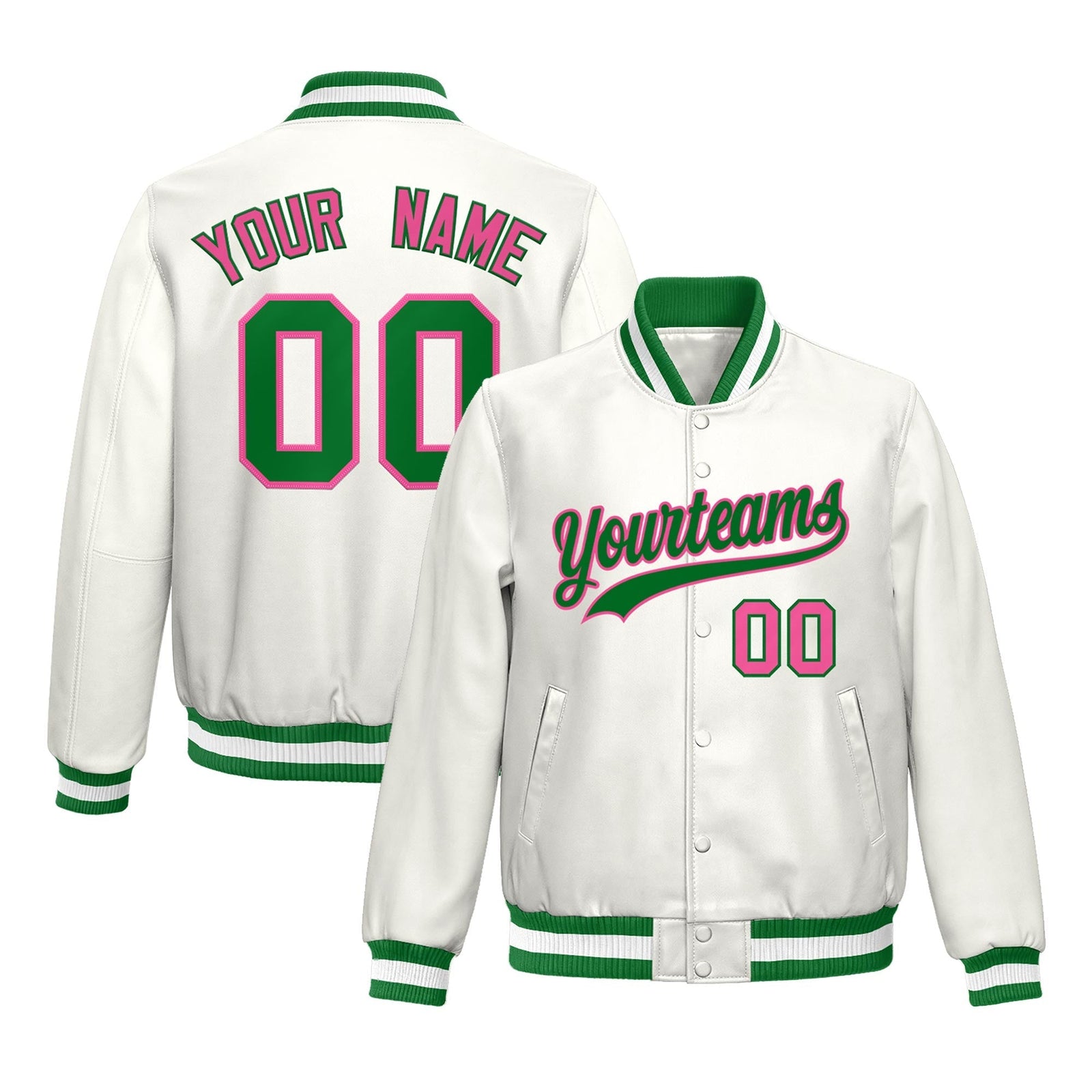 Custom White Kelly Green Pink Full-Snap Varsity Faux Leather Letterman Jacket| KXKSHOP