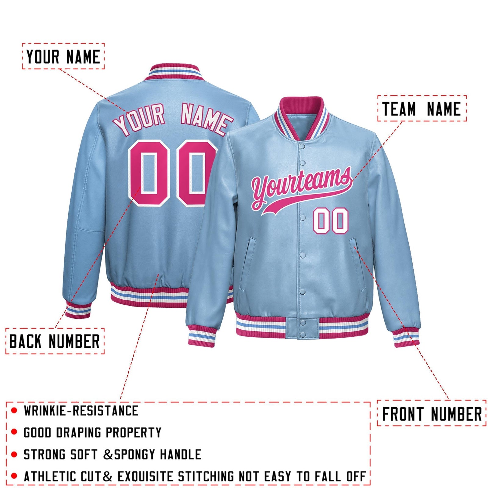 Custom Powder Blue Pink Full-Snap Varsity Faux Leather Letterman Jacket| KXKSHOP